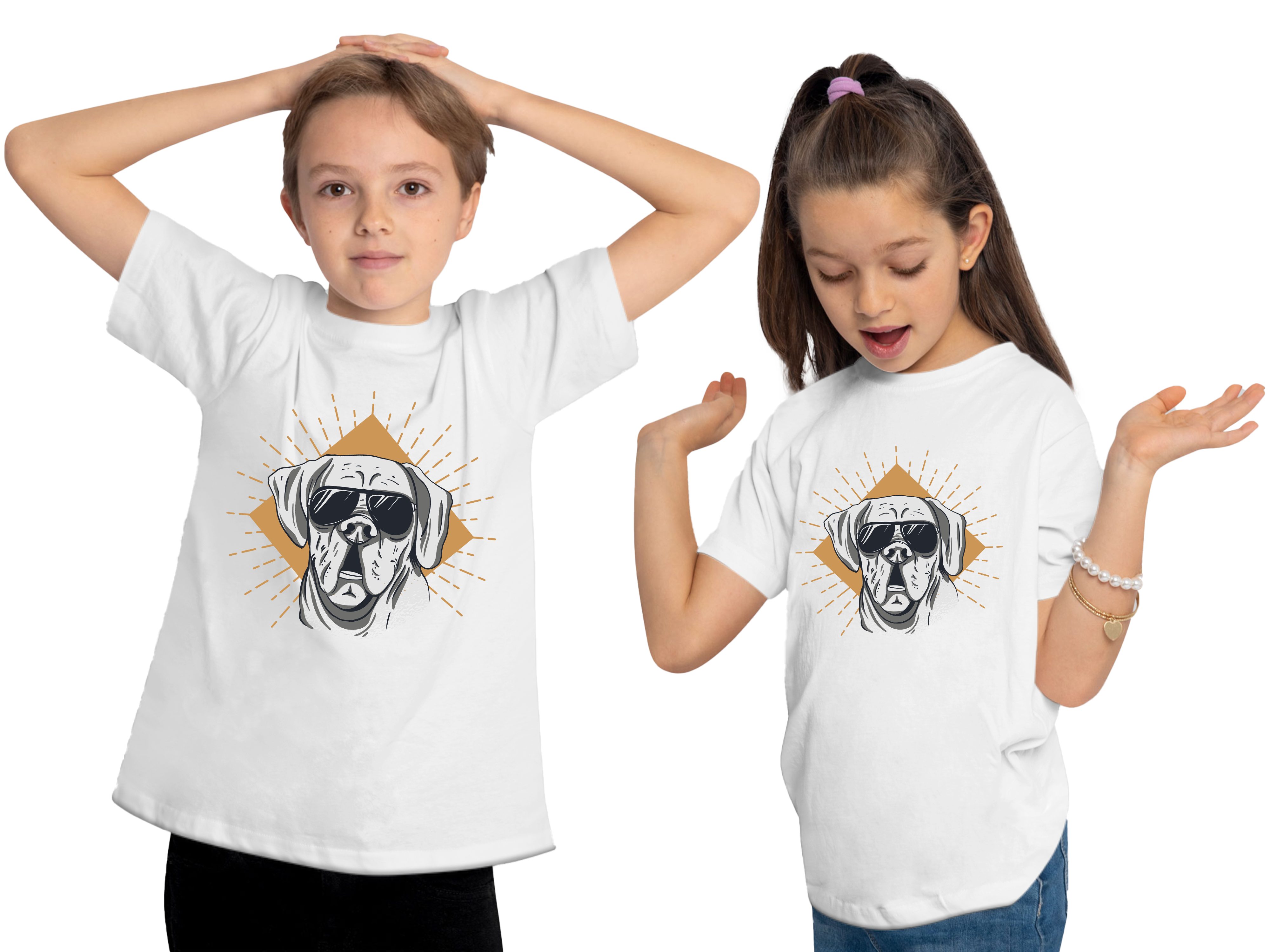 mit Sonnenbrille Kinder i224 Cooler Print-Shirt weiss MyDesign24 Aufdruck, T-Shirt Hunde Hund bedrucktes - Baumwollshirt mit