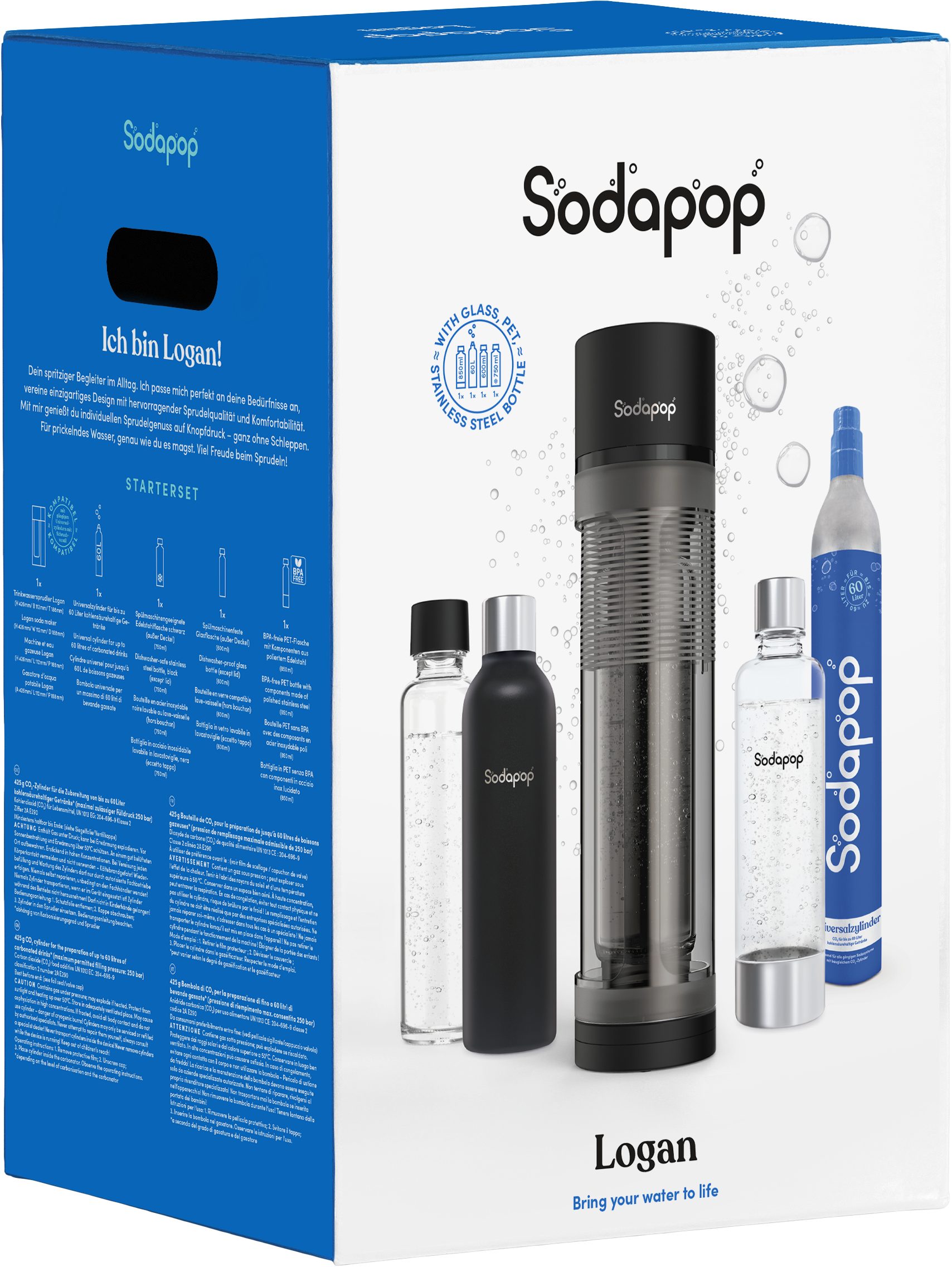 Sodapop Wassersprudler Logan mit Glas-, PET- & Edelstahlflasche - CO²-Zylinder enthalten, (Starterset, Komplettset inklusive 3 Flaschen sowie CO₂-Zylinder), 3 v – Bild 3 von 3