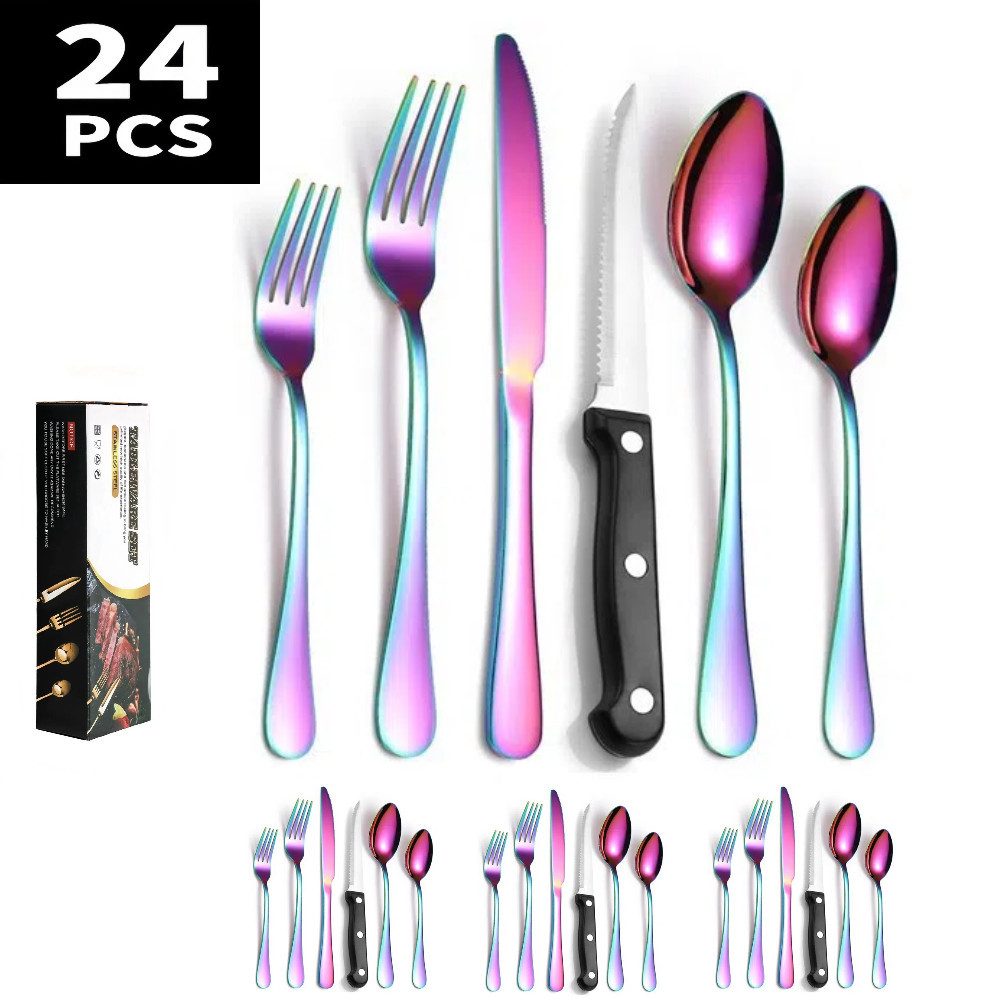 YNOFIT Besteck-Set 24-teiliges Set, geeignet für 4 Personen, mit Steakmessern, 4 Personen, (24-tlg), Edelstahl, poliert, Scharfe Klinge schneidet