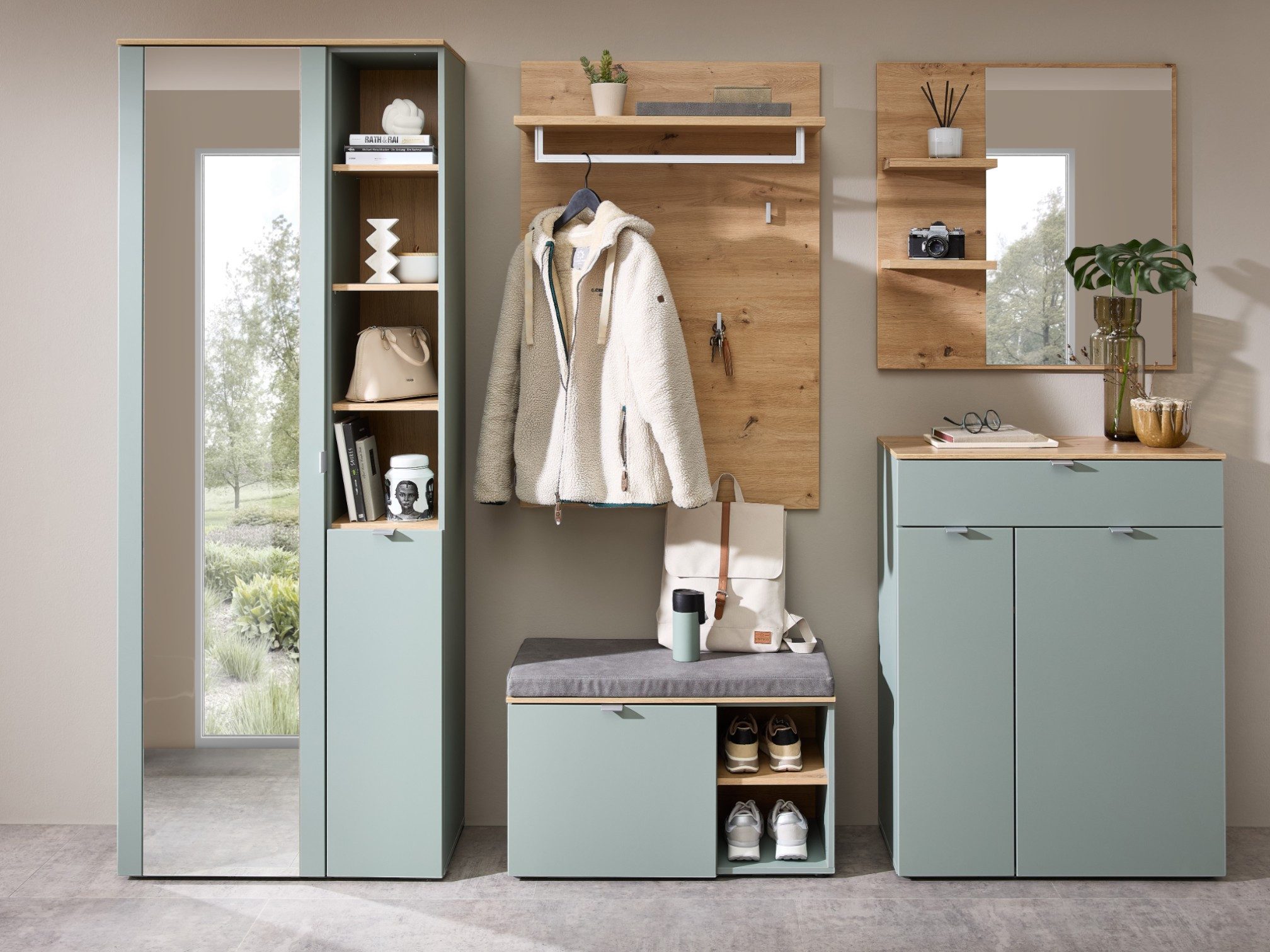 moebel-dich-auf Garderoben-Set PESCARA, (Komplett-Set, Garderobenschrank + Paneel + Bank + Spiegel + Schuhkommode), erhältlich in 2 Farbkombinationen, Soft-Close-Funktion, Selbsteinzug