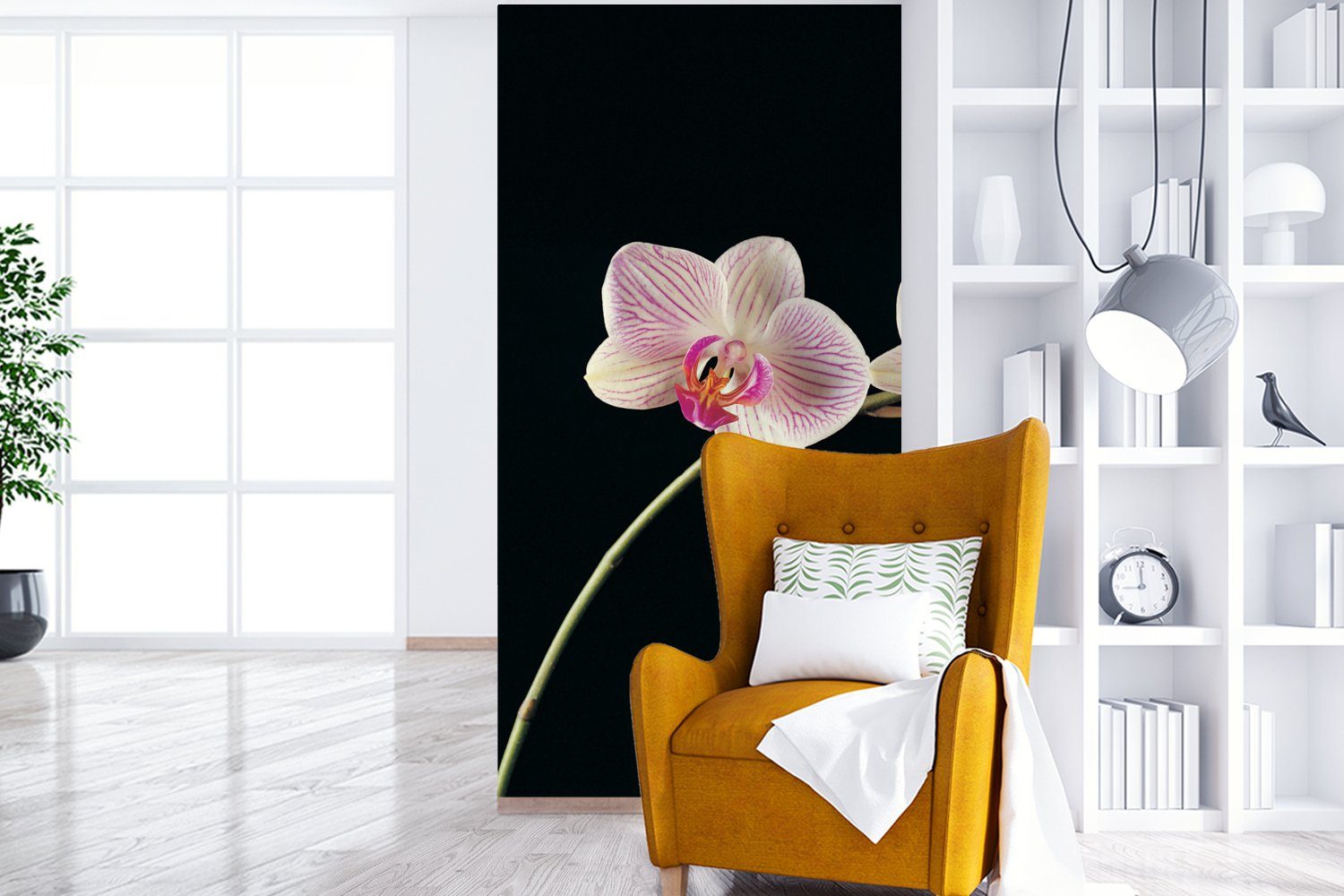 (2 Schwarz Rosa Blumen Matt, Fototapete St), - - Fototapete - Orchidee MuchoWow Wohnzimmer Küche, Knöpfe, Vliestapete Schlafzimmer bedruckt, - für