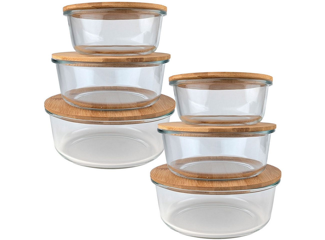shop'n smile ideoon Vorratsdose Vorratsdosen Glas Rund Vorratsgläser Bambus Deckel 630/960/1400 ml, (6-tlg., 1er-Set von 3 St. & 2er-Set von 6 St), luftdicht dank Silikonring, in 3 Größen, Glas/Bambus, Transparent