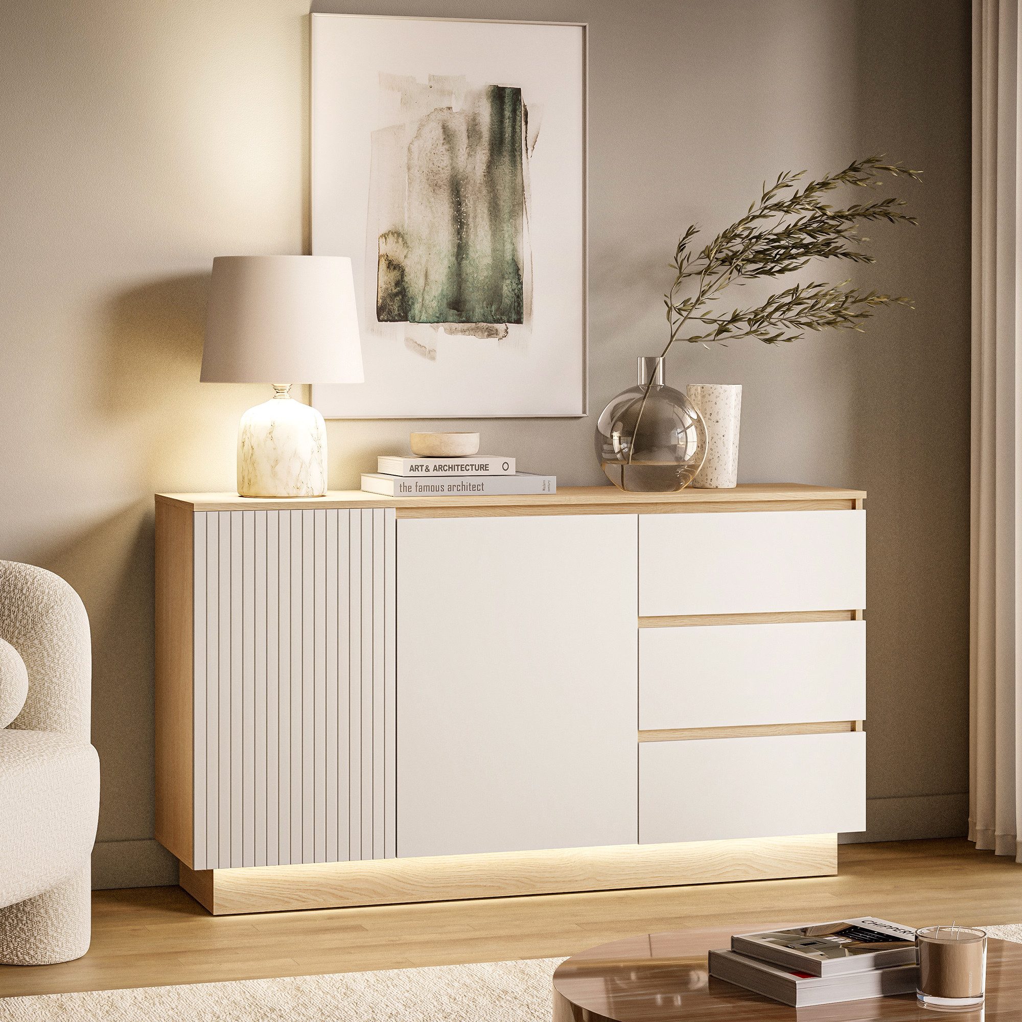 Lomadox Sideboard HELLIN-131, in Beige, 150 cm breit mit 3 Schubladen, Softclose & LED-Beleuchtung