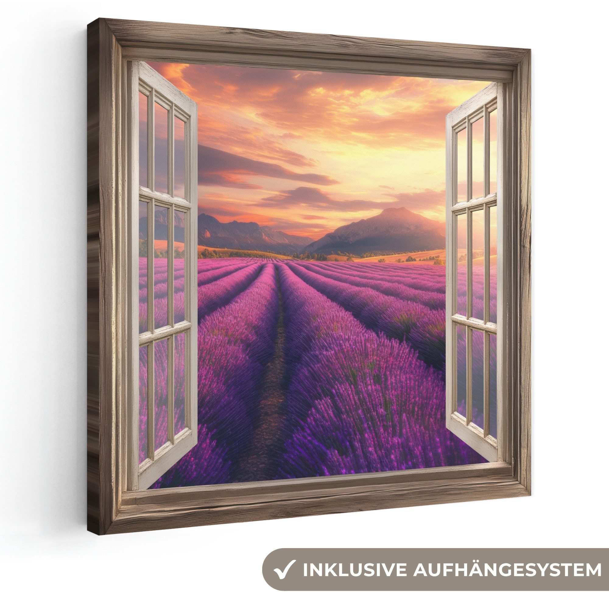 OneMillionCanvasses® Leinwandbild Fensterblick - Fenster - Lavendel - Landschaft - Blumen - Lila, Fotodruck (1 St), Wandbild, Deko Schlafzimmer Wohnzimmer Flur 20x20 cm