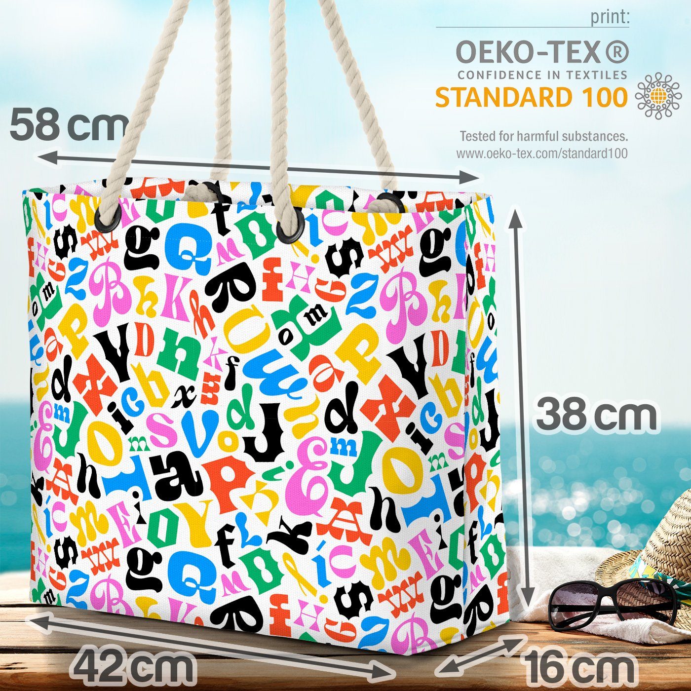 VOID Strandtasche (1-tlg), Buchstabensalat Buchstaben Bunt Alphabet buchstaben druck buch a b c