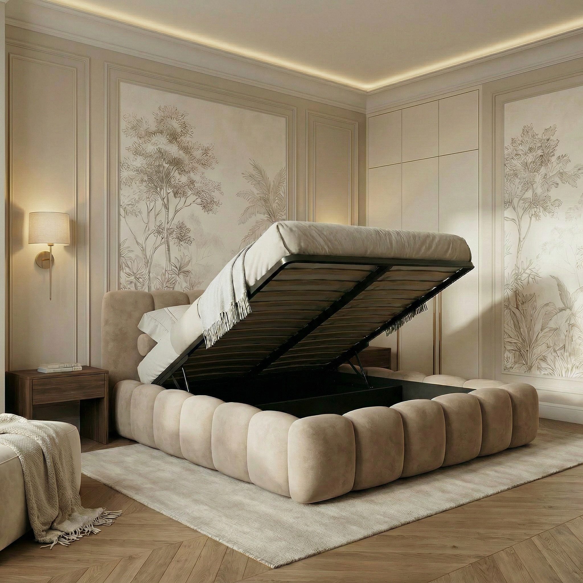yourhouse24 Polsterbett DALLAS Slim Bubble-Design aus Samt, inkl. Bettkasten, Platzsparendes Chunky-Bett aus weichem Velours mit HDF-Boden – Bild 4 von 5