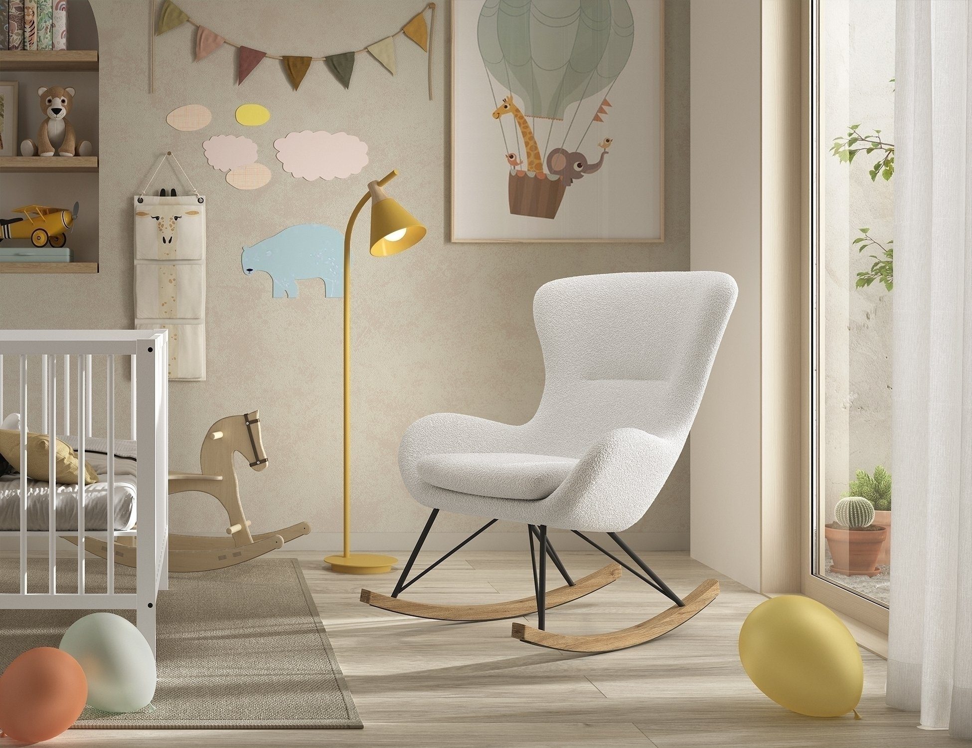 Vipack Schaukelstuhl ROCKY, in Bouclé Creme-Weiß, Stoff und Holz - 76x101x110 (BxHxT)