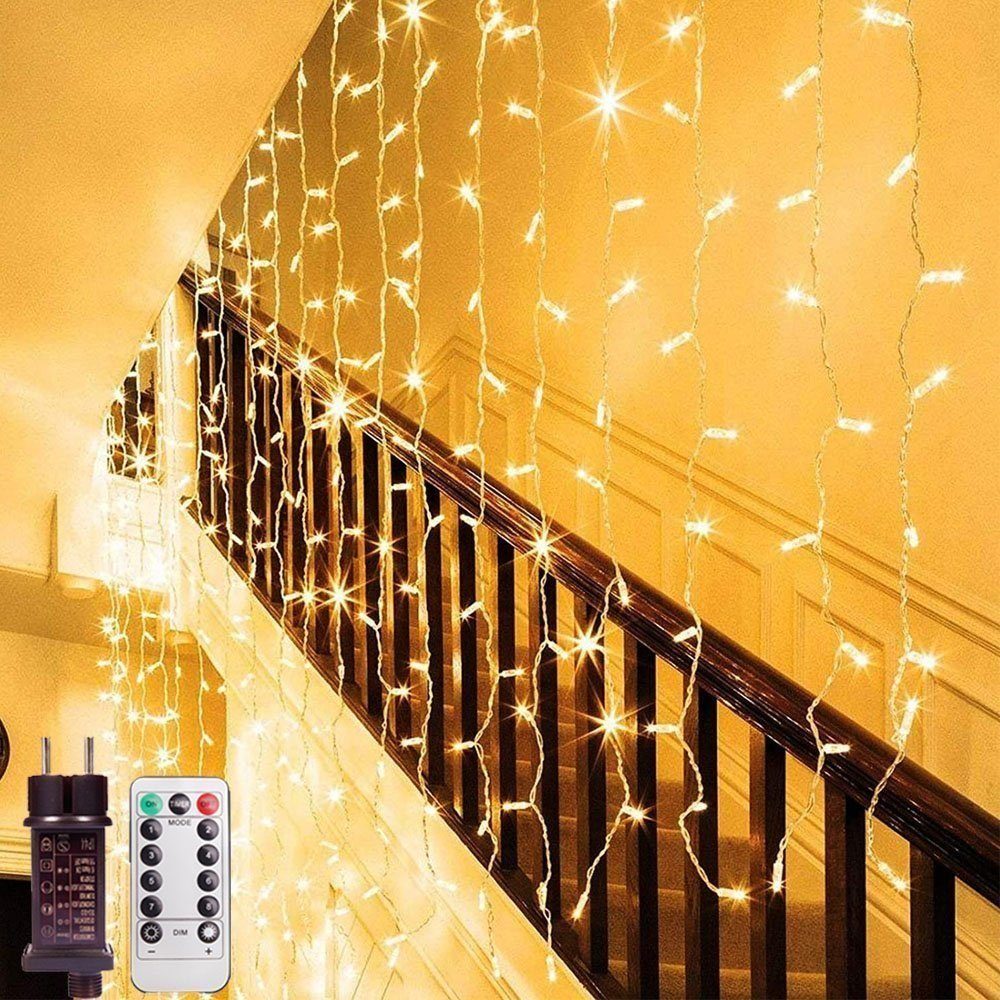 XERSEK Lichtervorhang 204 LED Lichternetz Außen und Innen 3 x 2m mit 8 modi  Lichterkette, 200-flammig, INKL. FERNBEDIENUNG & TIMER & WASSERDICHT &  DIMMBAR