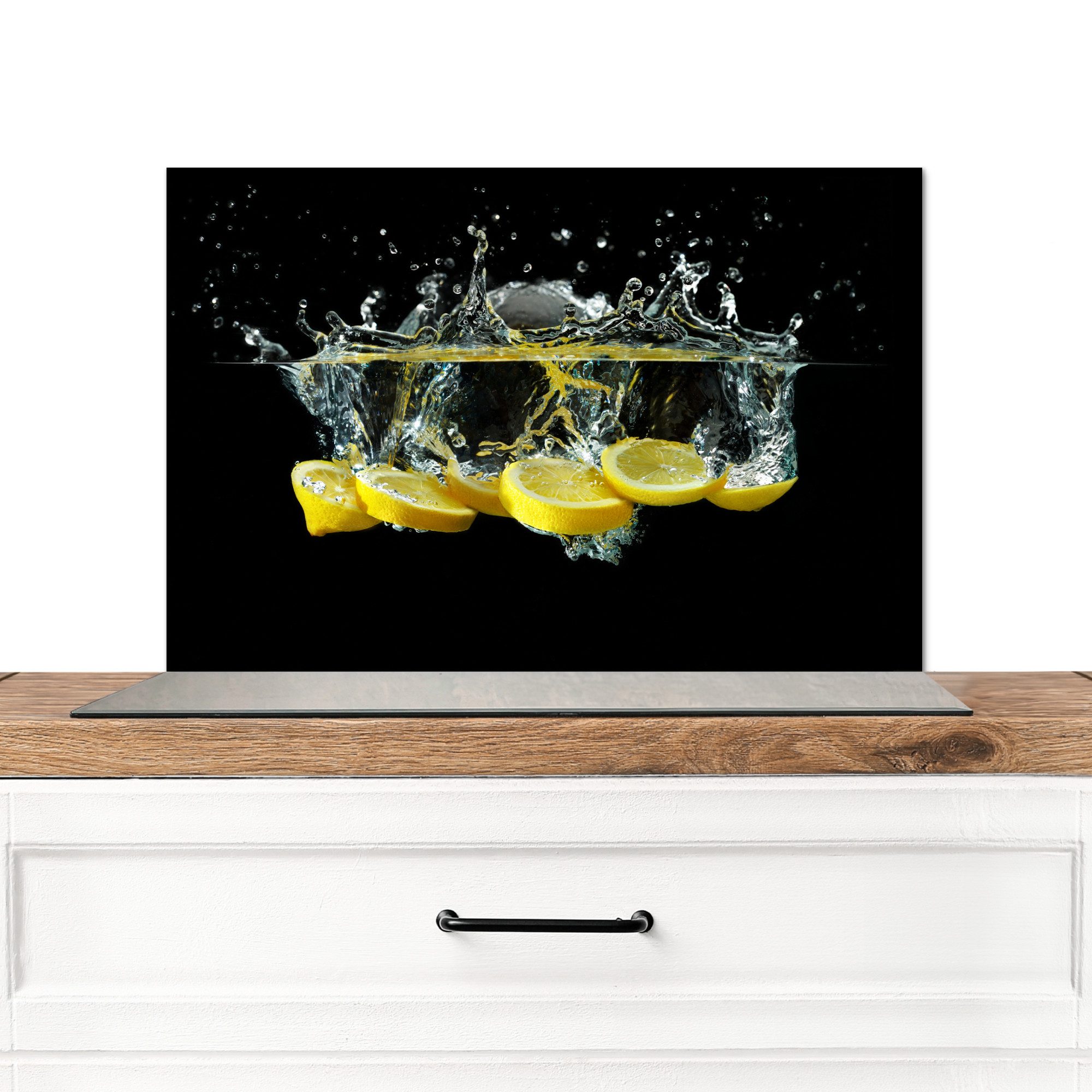 MuchoWow Küchenrückwand Zitrone - Frucht - Gelb - Stilleben - Wasser, (1-tlg), Spritzschutz Küche, Küchendeko, 60x40 cm