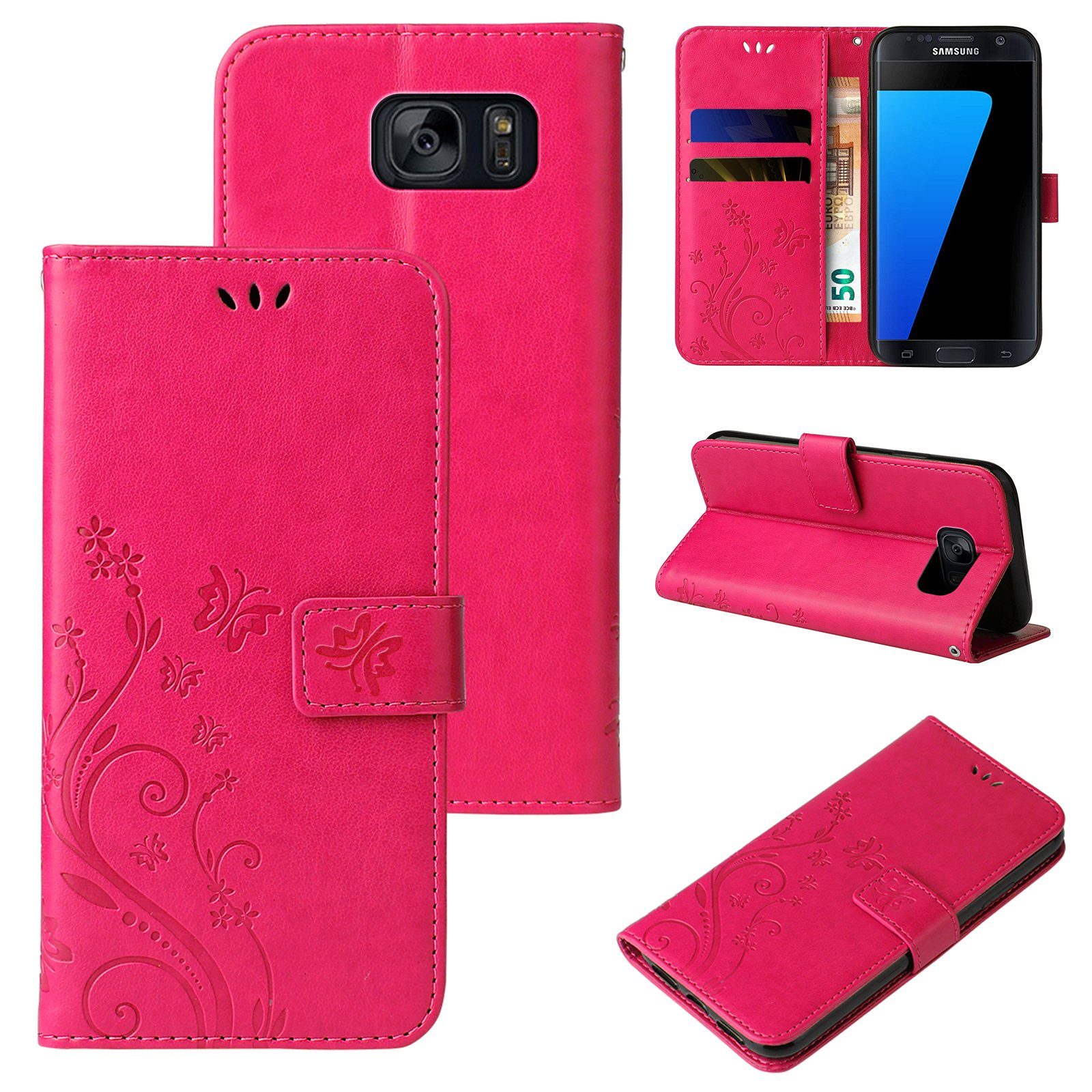 Tec-Expert Handyhülle Cover Tasche Hülle für Samsung Galaxy S7 5,1 Zoll, Klapphülle Case mit Kartenfach Fliphülle aufstellbar, Motiv Blumen