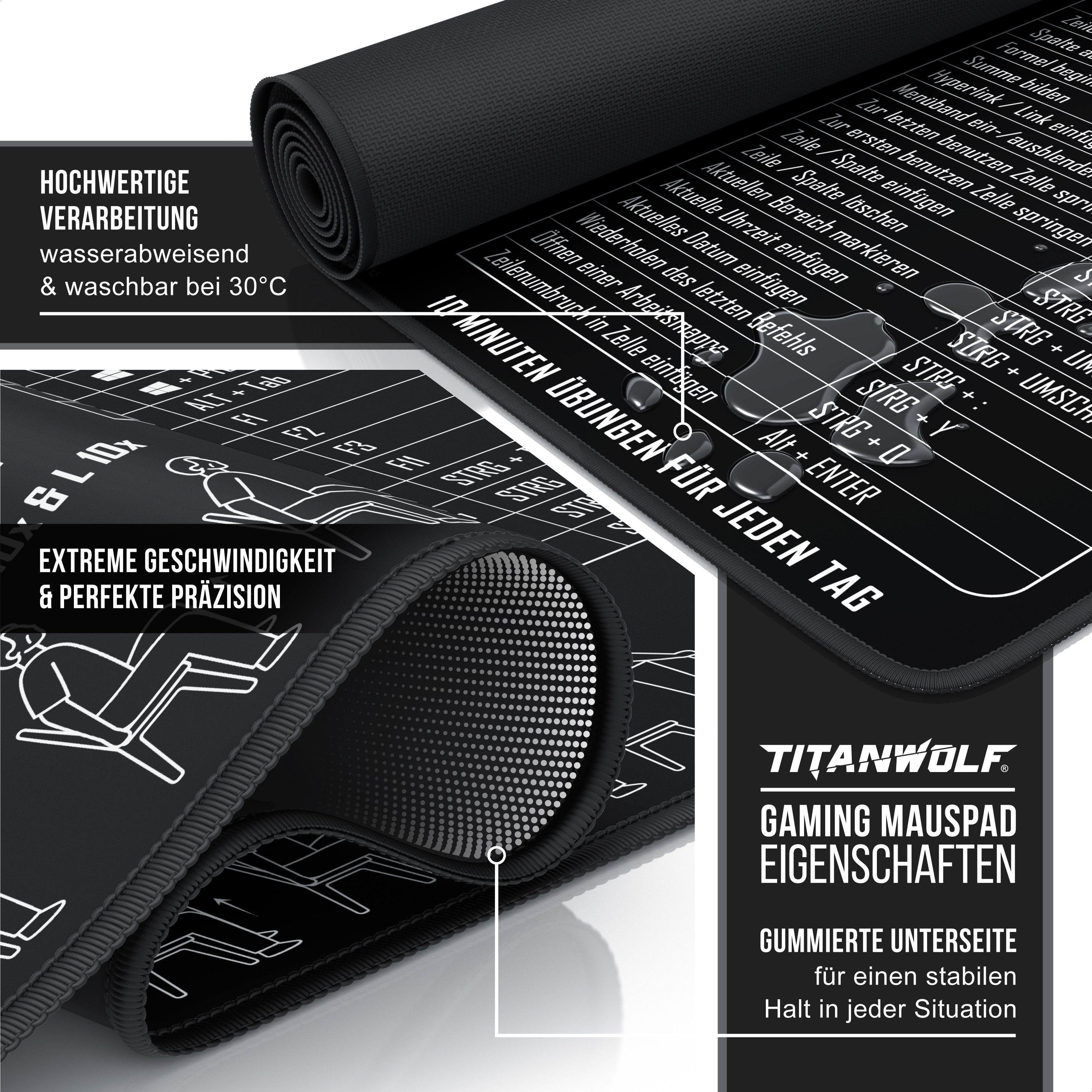 Titanwolf Gaming Mauspad XXL Speed Mousepad 900 x 400 x 3 mm, Schreibtischauflage, abwaschbar, rutschfeste Rückseite, Geschwindigkeit & Präzision, MS Office Fitness