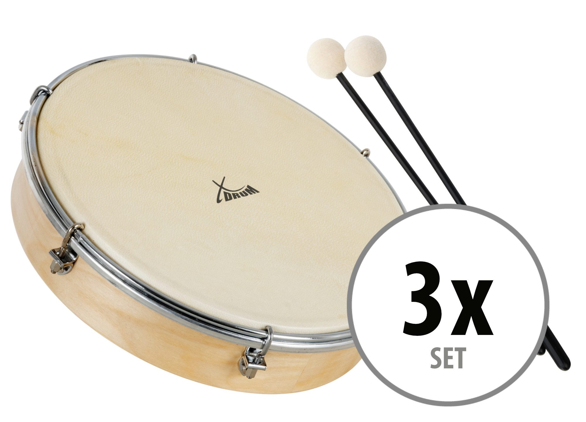XDrum Handtrommel HTM-12S 12 Zoll Natur-Fell 3er-Set mit Schlägeln, 6-St., 12 Zoll Natur-Fell 3er-Set mit Schlägeln