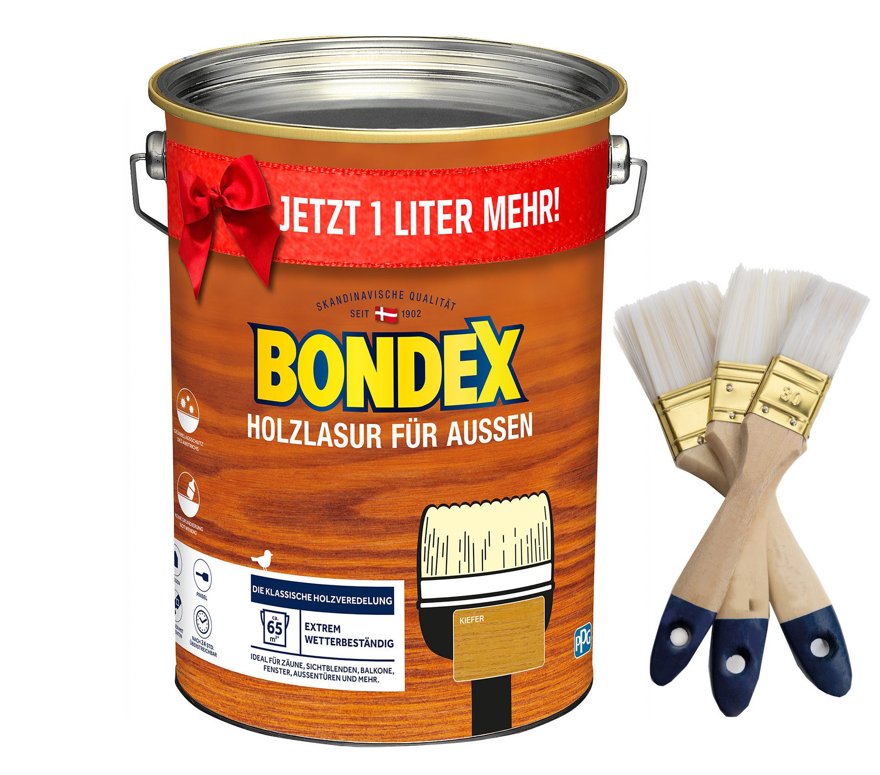 Bondex Holzschutzlasur, Kiefer 5L Holzlasur Holzschutz + Pinselset