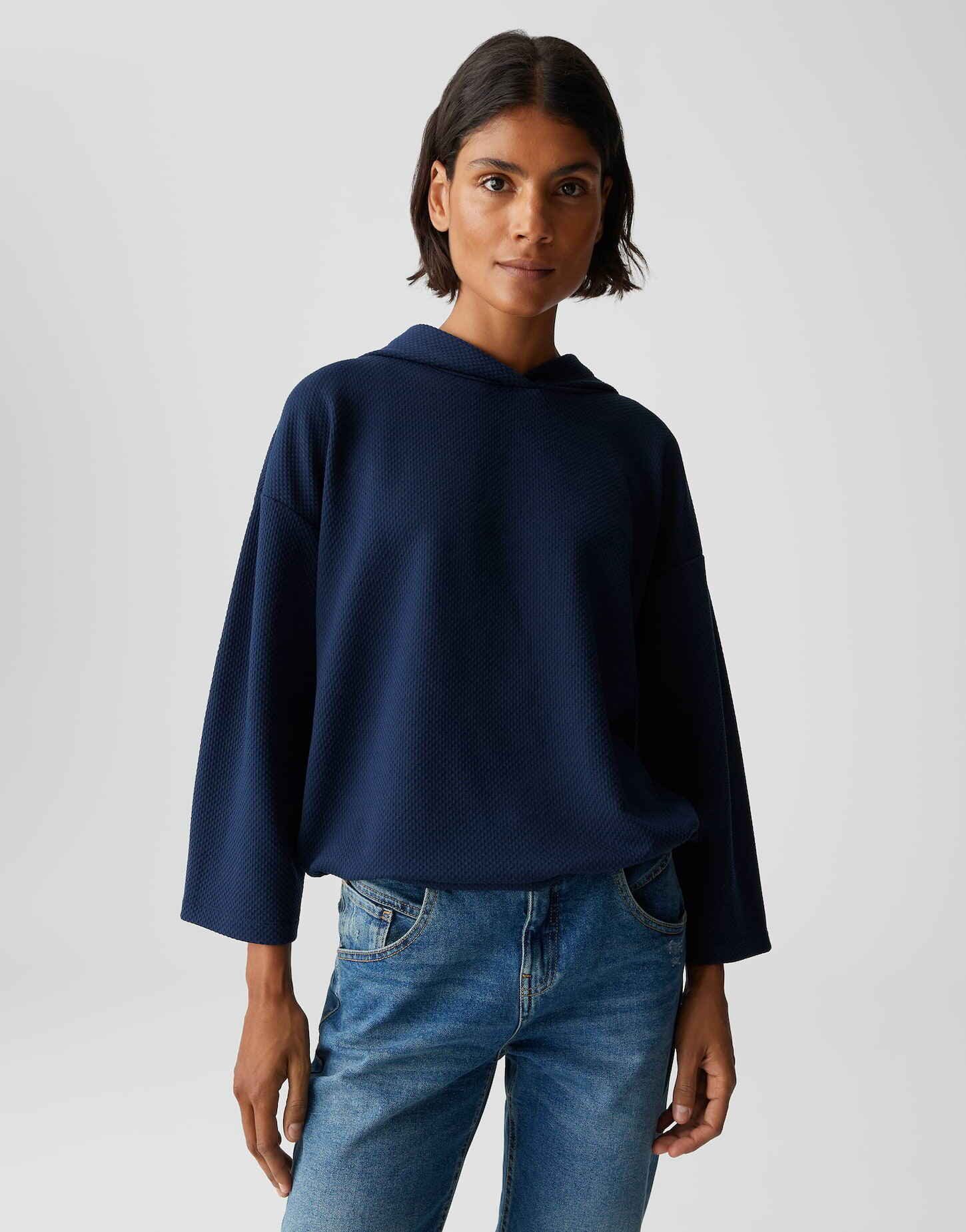 OPUS Hoodie GOLONJA aus Baumwoll Mix überschnittene Schulter mit 3/4 Arm, Kapuze, 3-dimensionale Struktur