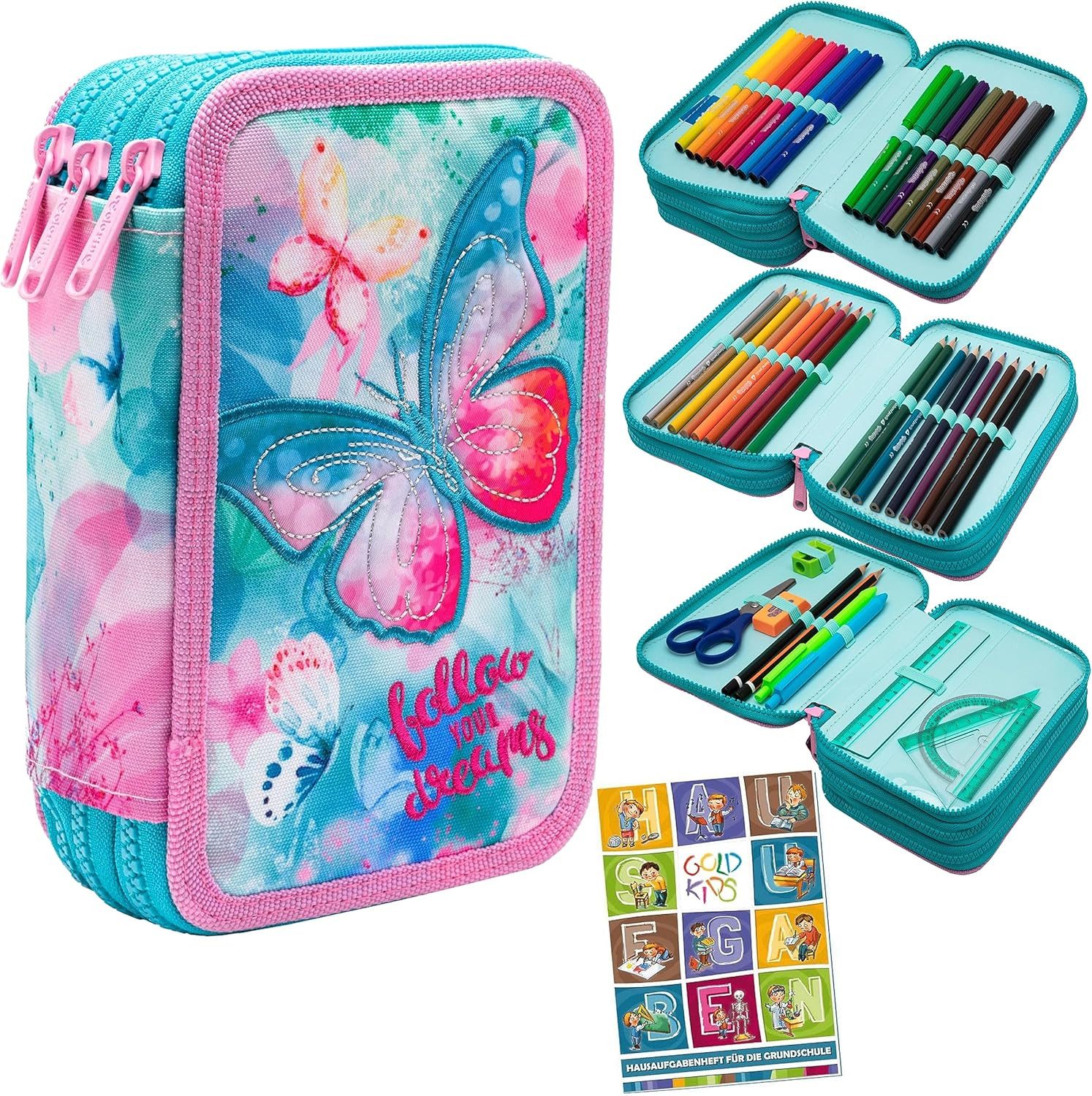 GOLDKIDS Federmäppchen Federtasche 3-fache Federmappe Colorino DREAMS SCHMETTERLING, (46-teilig gefüllte Schüleretui Stifte und, 1-tlg., Pinsel inkl. Aufgabenheft Federbox), Etui Stiftetasche Schlamper-Etui Schul-Etui