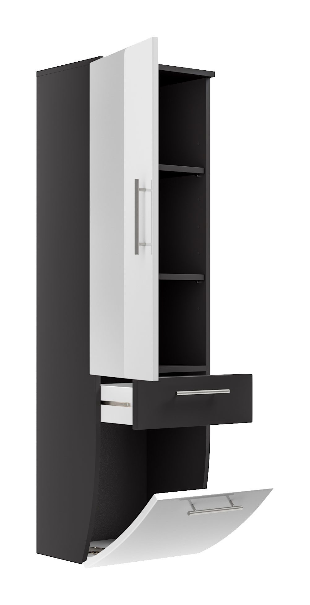 Magnolia Home Badmöbel-Set Hochschrank 135 cm Salona Weiss hochglanz/Grafit hochglanz, Soft-Close