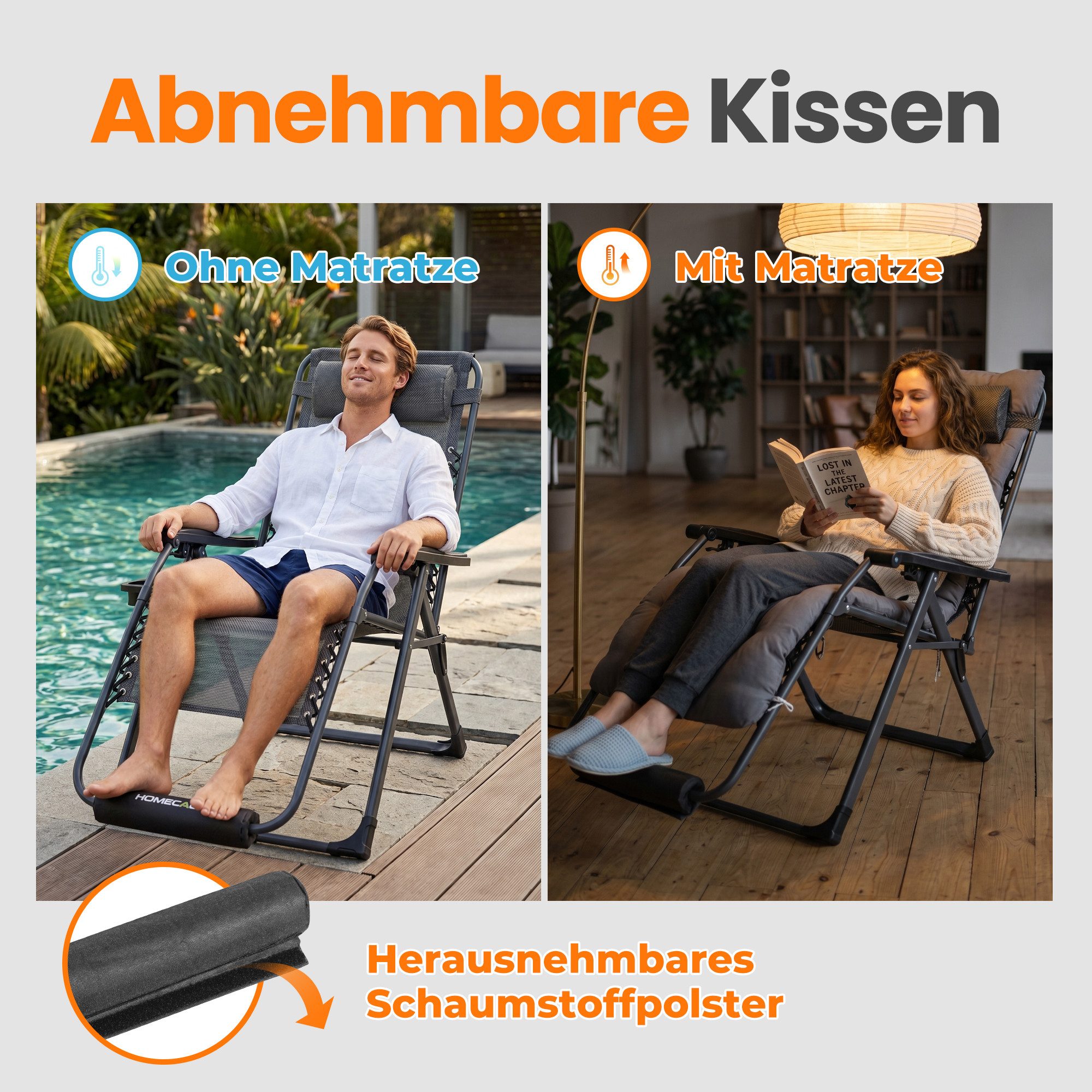HOMECALL Gartenliege Sonnenliege Klappbar, Liegestuhl mit Weiches Kissen,groß Campingstuhl, XXL Extra breiter Zero Gravity Stuhl, 1 St., bis 180 KG, für Garten  – Bild 5 von 5