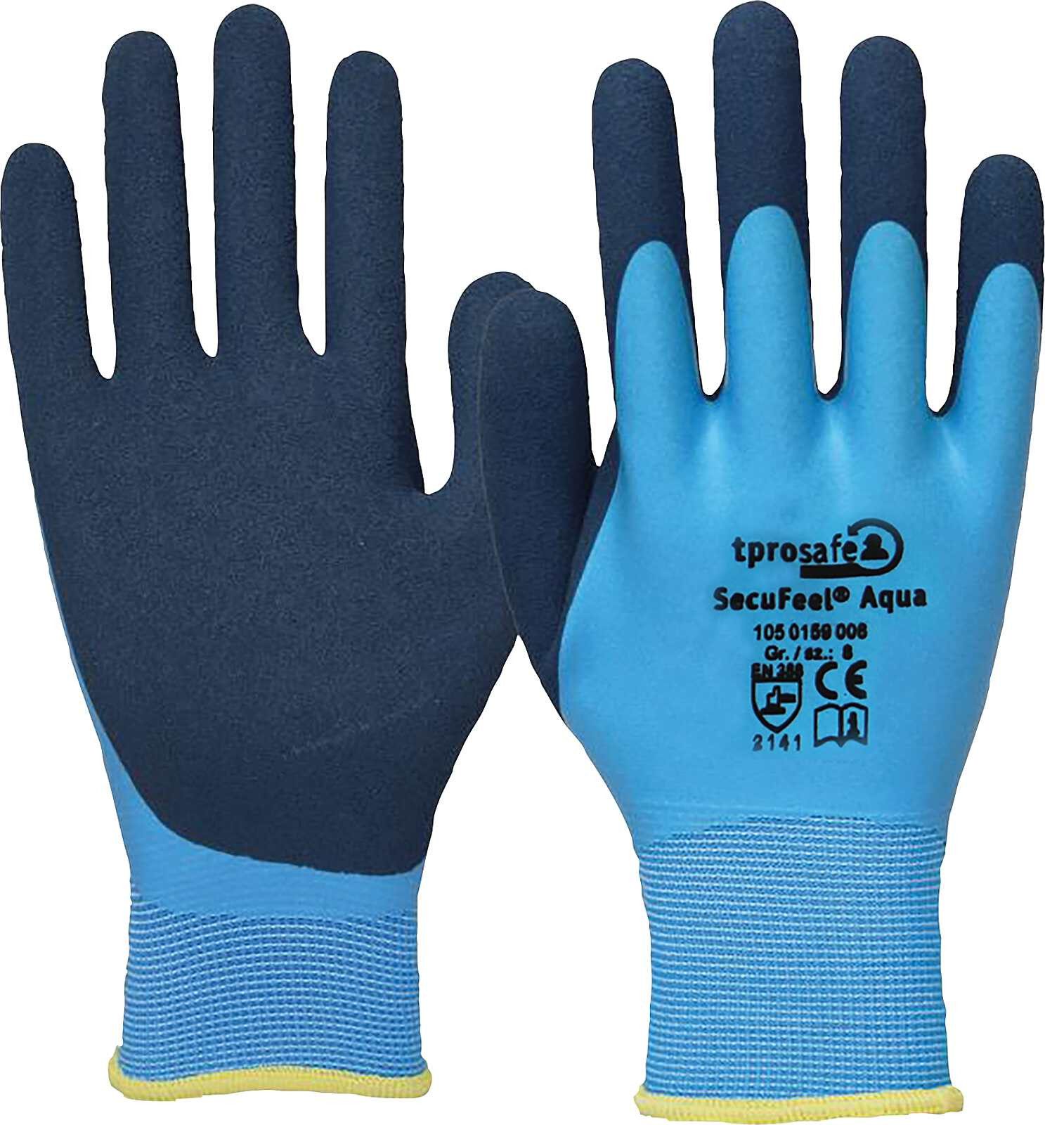 tprosafe Arbeitshandschuhe SecuFeel Aqua Gr. 9-11 12 Paar Feinstrickhandschuhe (Für Gartenbau, Gerüstbau, Landwirtschaft) mit doppelter Latexbeschichtung, Perfekter Nassgriff