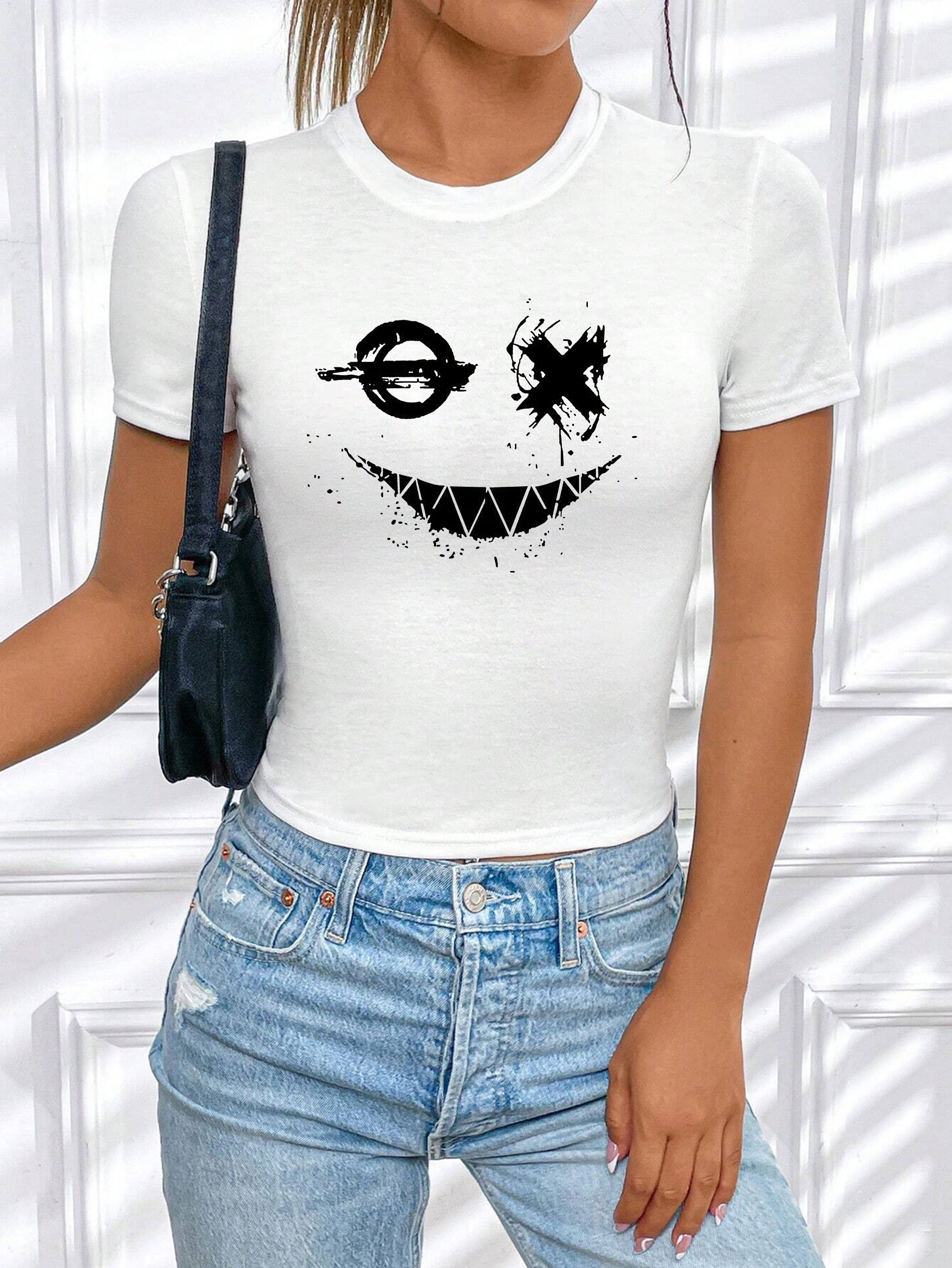T-Shirt Damen Shirt Top Sommer Basic Rundhals Smily Smiley