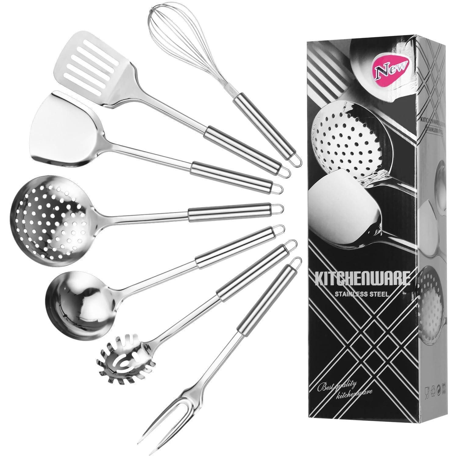 LuxusKollektion Kochbesteck-Set Edelstahl Kochutensilien Set 7-tlg. mit Aufhängung