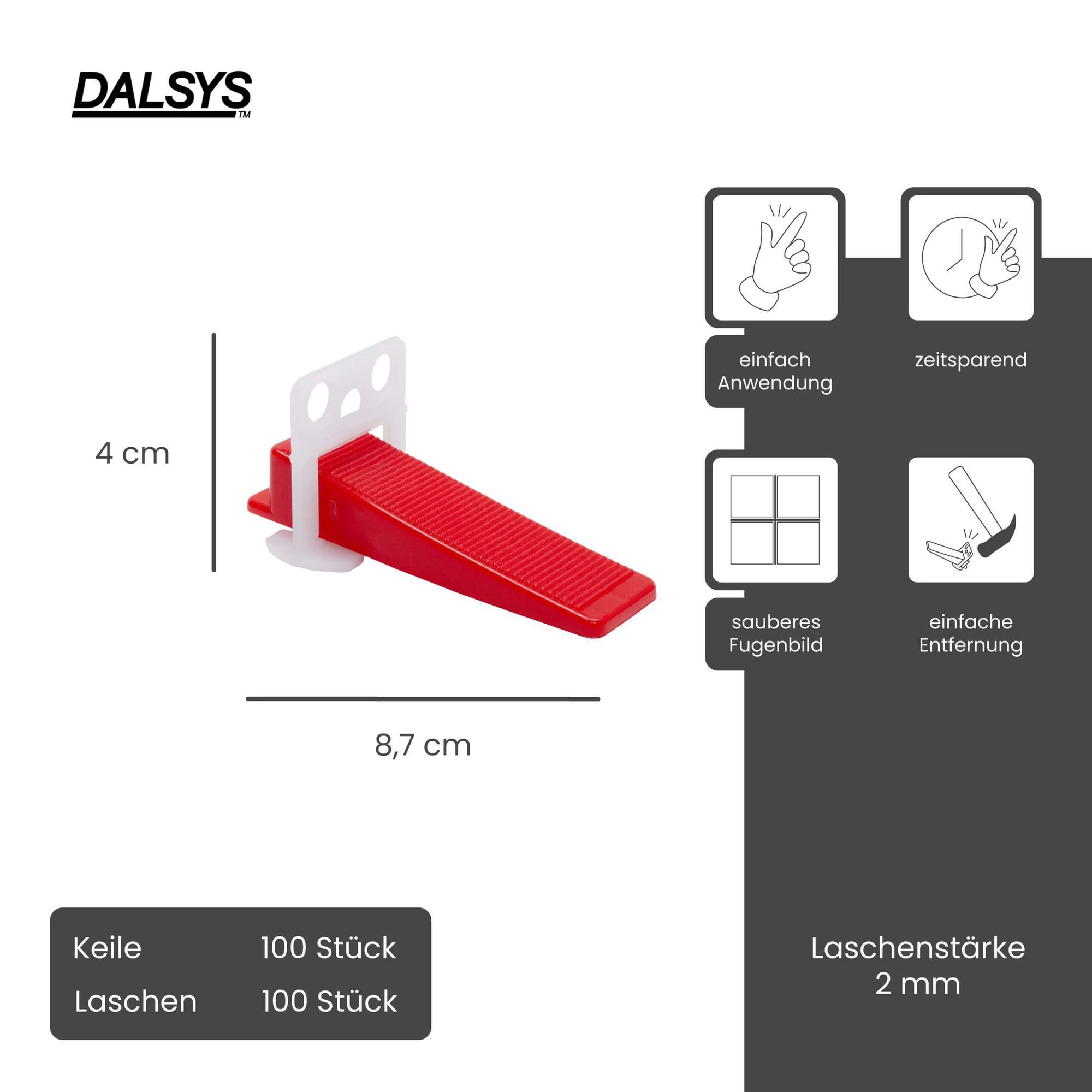 Dalsys Nivelliersystem für Fliesen enthält (2mm) Set 100 Laschen + 100 Keile, 200-St., Fliesenleger Werkzeug für präzises Fugenbild) Zuglaschen, Fliesenkeile, Verlegehilfe Set, Fliesenleger Werkzeug