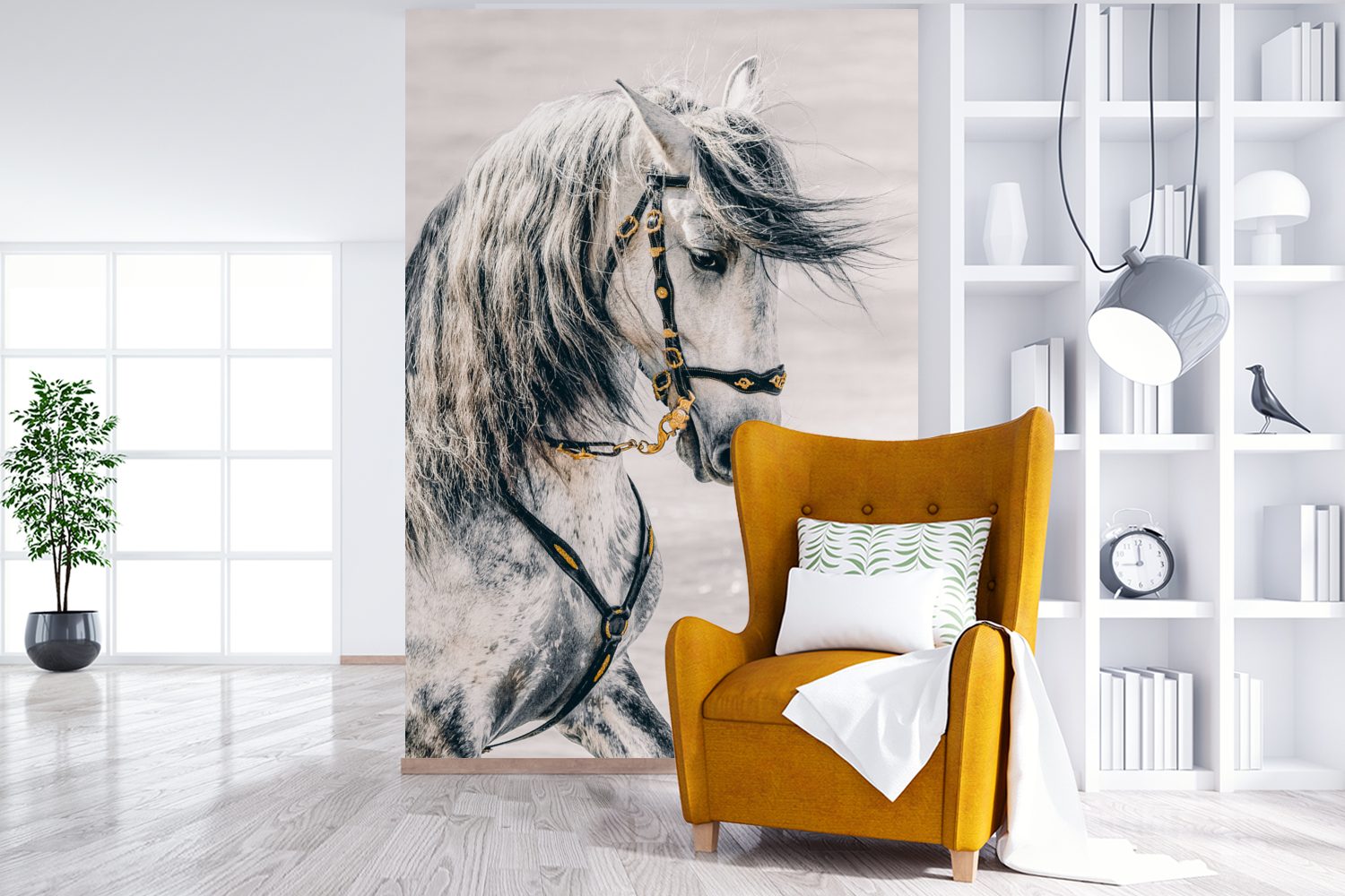 - Montagefertig Wandtapete Pferd Wohnzimmer, MuchoWow (3 Halfter, für Vinyl bedruckt, Fototapete - Matt, Tapete St), Gold