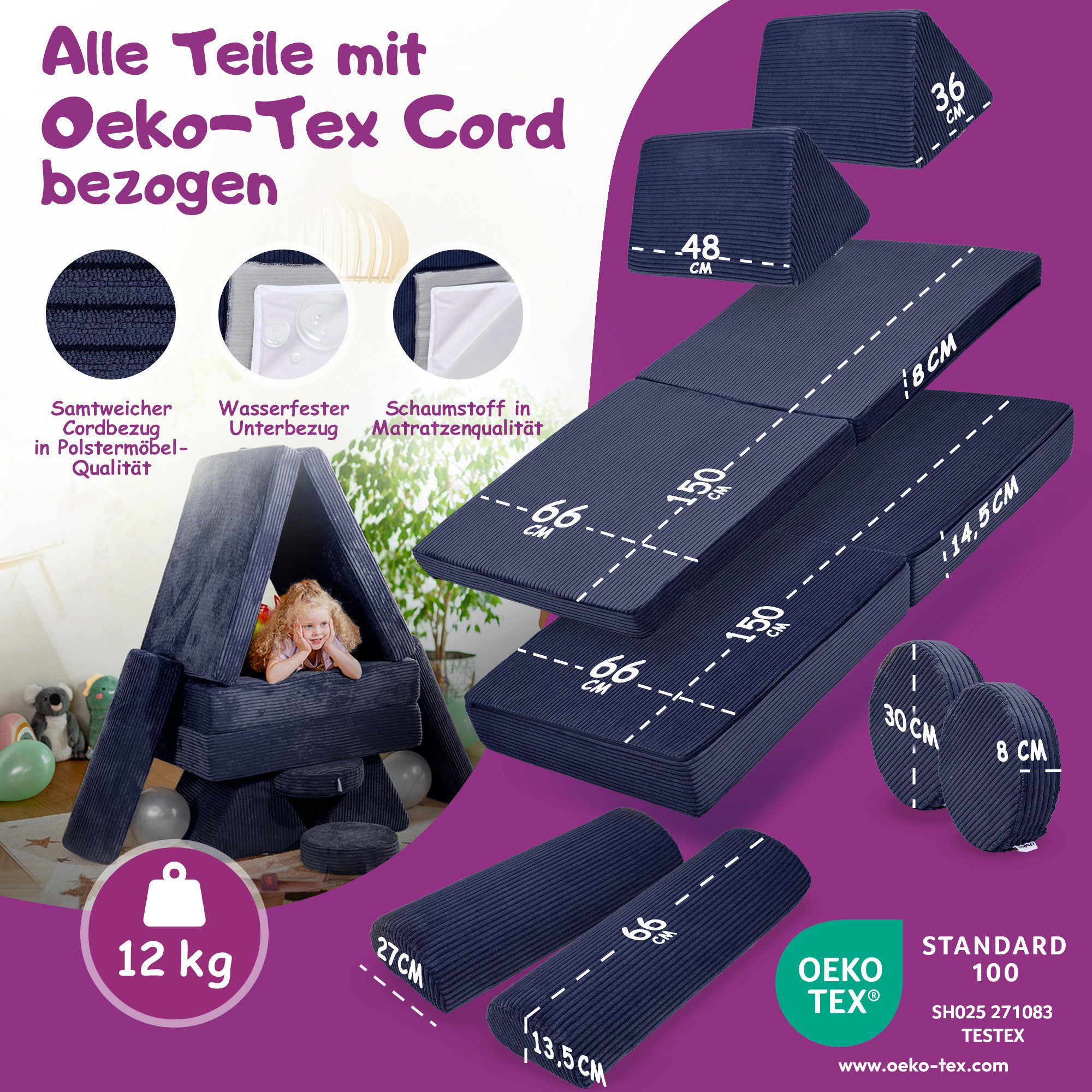 Linodino Kindersofa Spielsofa I Schaumstoff Stapelsteine für Kinder I Kindercouch, 3 Jahre Garantie – Bild 5 von 5