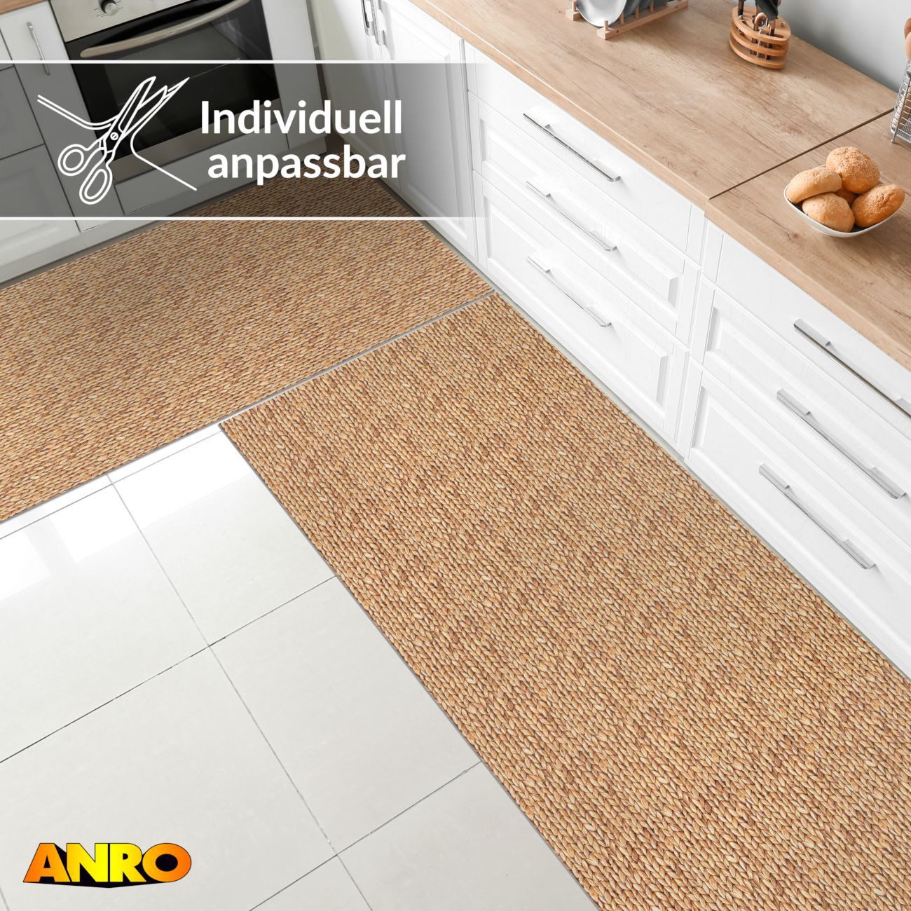 ANRO Küchenläufer abwaschbar Japan LADY Läufer pflegeleicht Küchenteppich, Rechteckig, Höhe: 3 mm, robust schmutzabweisend 67x100cm Rustikal Natur robust – Bild 4 von 5