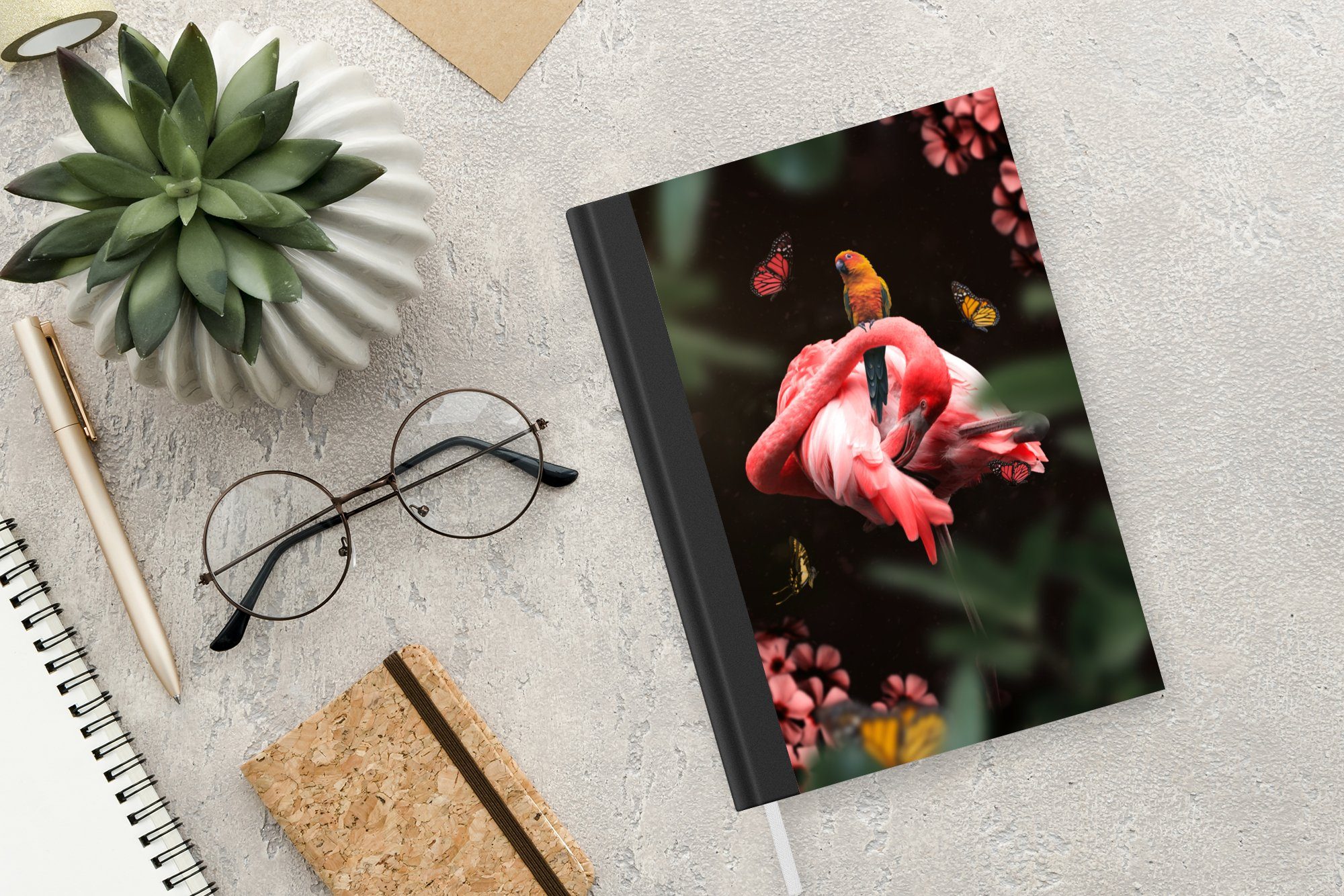 A5, - - Notizheft, - Tagebuch, Dschungel Papagei Merkzettel, 98 Schmetterling, Flamingo Journal, Haushaltsbuch MuchoWow Seiten, Notizbuch