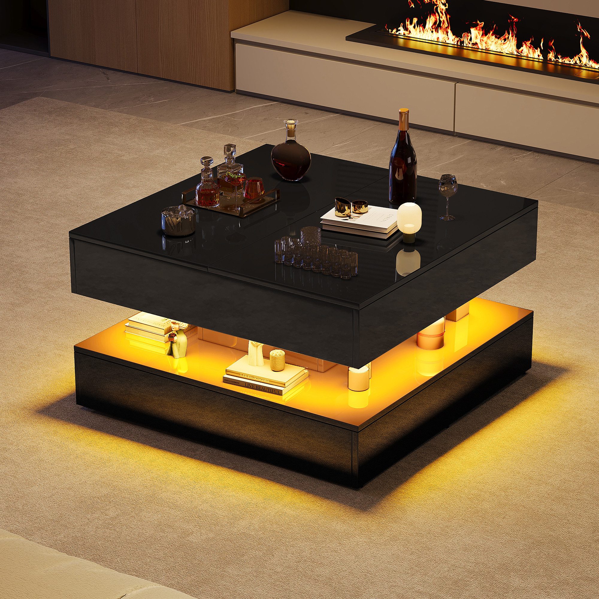 BELUPAI Couchtisch Wohnzimmertisch Hochglanz mit LED-Beleuchtung (offenen Fächern, Hochglanz-Design), Sofatisch mit 2 Schubladen,Beistelltisch,Schwarz