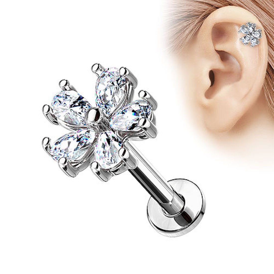 Labret Ohr, Taffstyle Stab Helix Piercing-Set Knorpel Tragus Kristall Stecker Stab mit Lippenpiercing Blüte Piercing Ohrpiercing für Lippe Silber