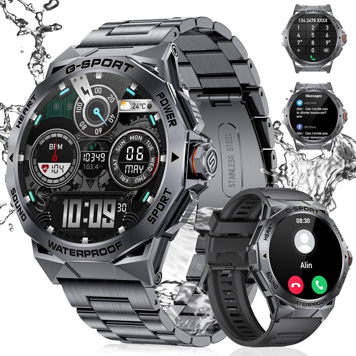 Herren's IP68 Wasserdicht Fitnessuhr Tracker AMOLED Display Smartwatch