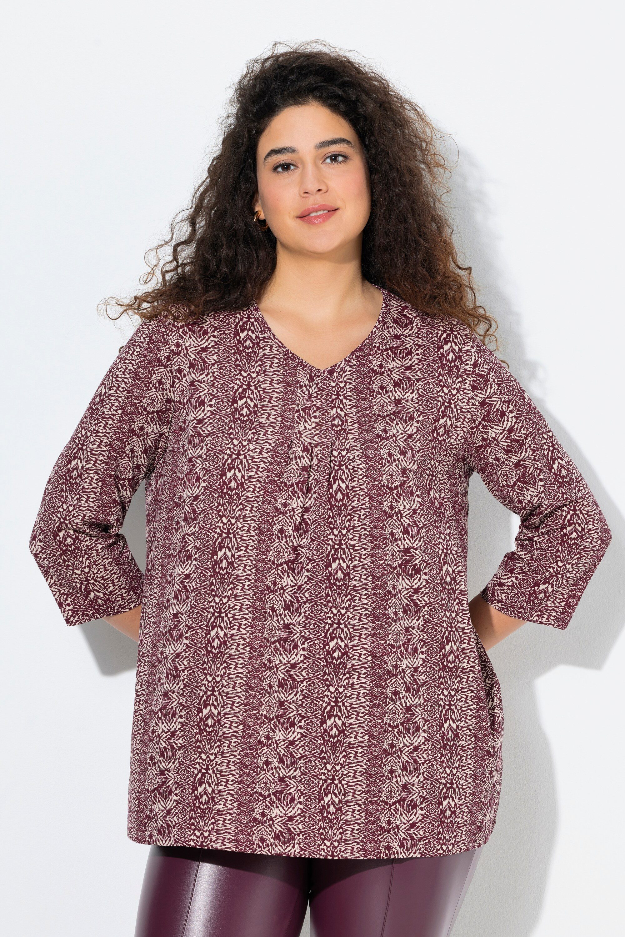 Ulla Popken T-Shirt Shirt Zierfalten A-Linie V-Ausschnitt 3/4-Arm günstig online kaufen