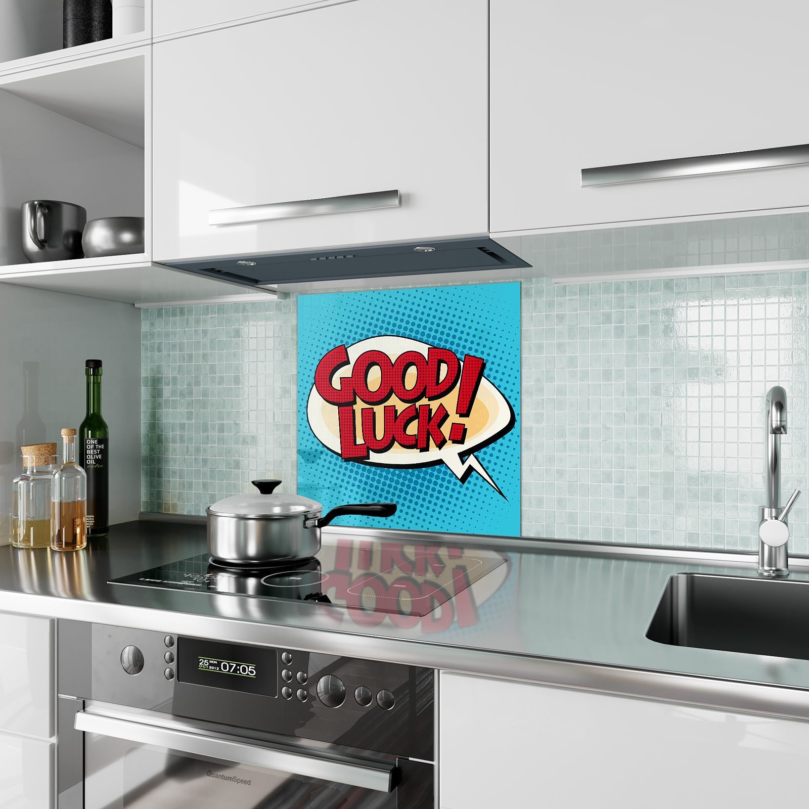 Stiel Spritzschutz Glück Küchenrückwand Comic Motiv mit Primedeco Glas Viel Küchenrückwand