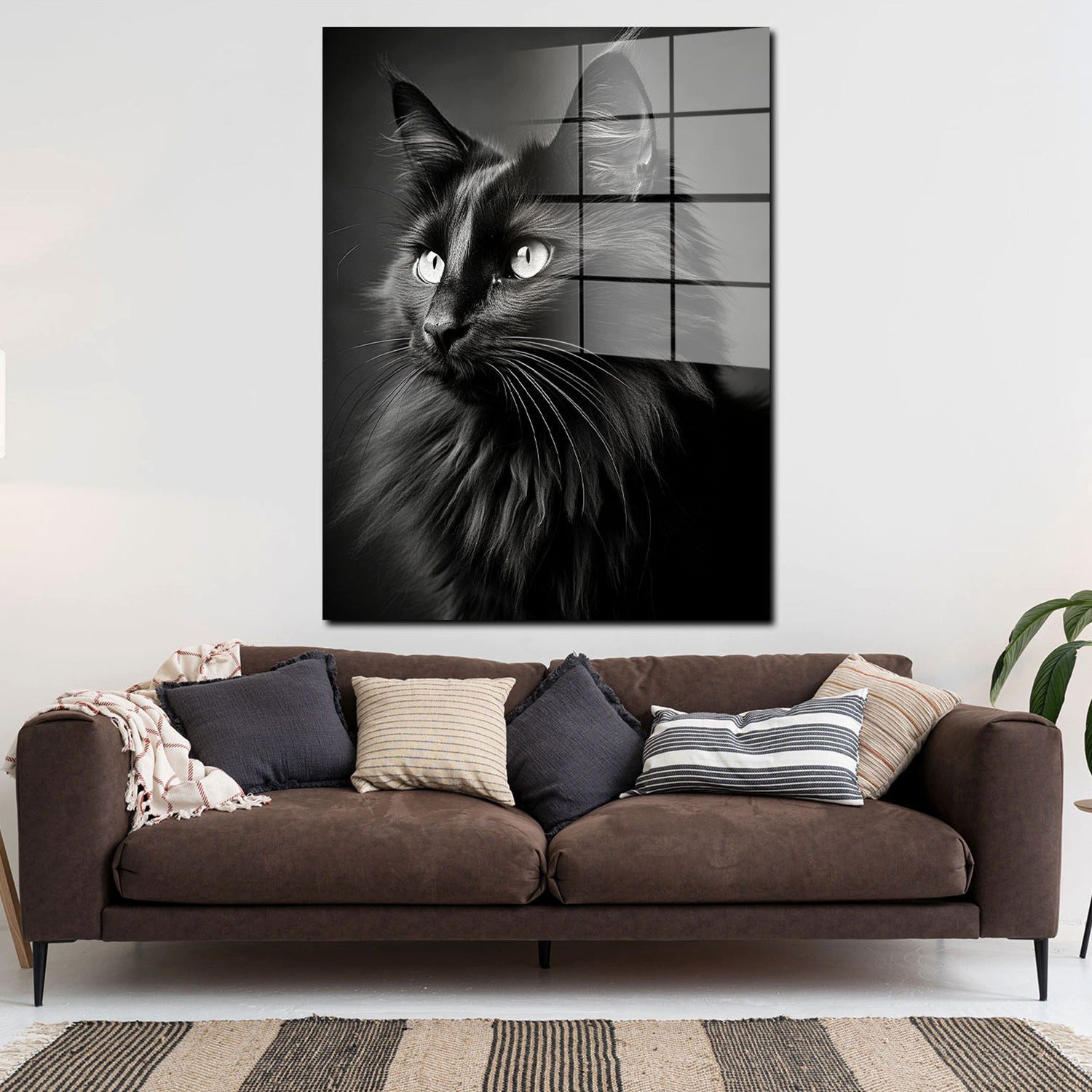 Artedinoi Acrylglasbild Katze Acrylglasbild Wandbild Modern Schwarz Elegant Tier Deko XXL, Elegantes Portrait einer schwarzen Katze mit ausdrucksstarkem Blick