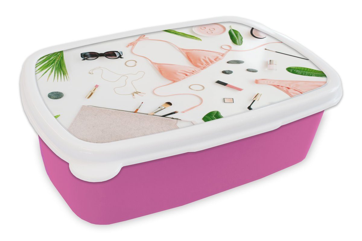 MuchoWow Lunchbox Bikini - Rosa - Halskette, Kunststoff, (2-tlg), Brotbox für Erwachsene, Brotdose Kinder, Snackbox, Mädchen, Kunststoff