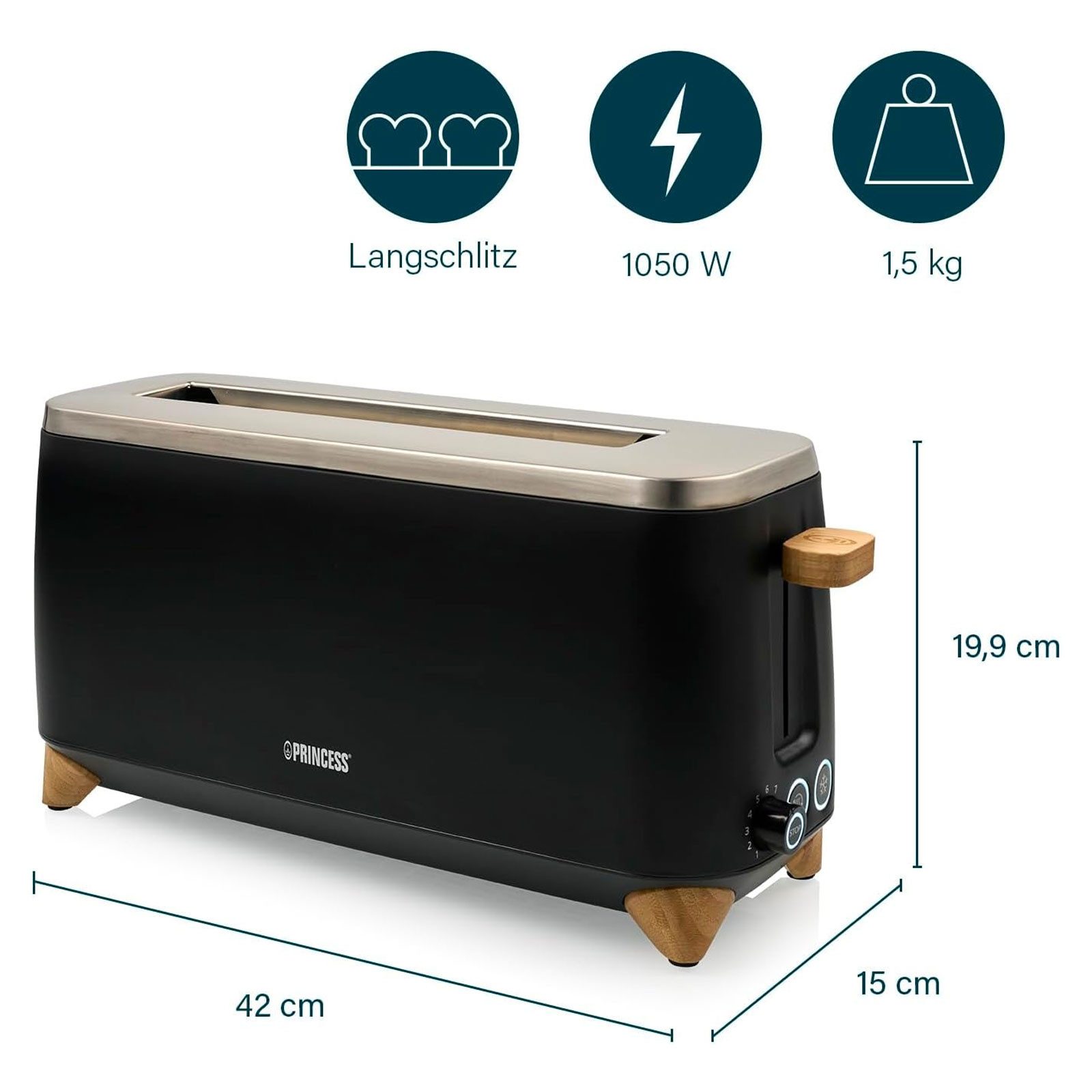 PRINCESS Toaster 142361 Pure Toaster, Auftau- und Aufwärmfunktion, entnehmbare Krümelschublade