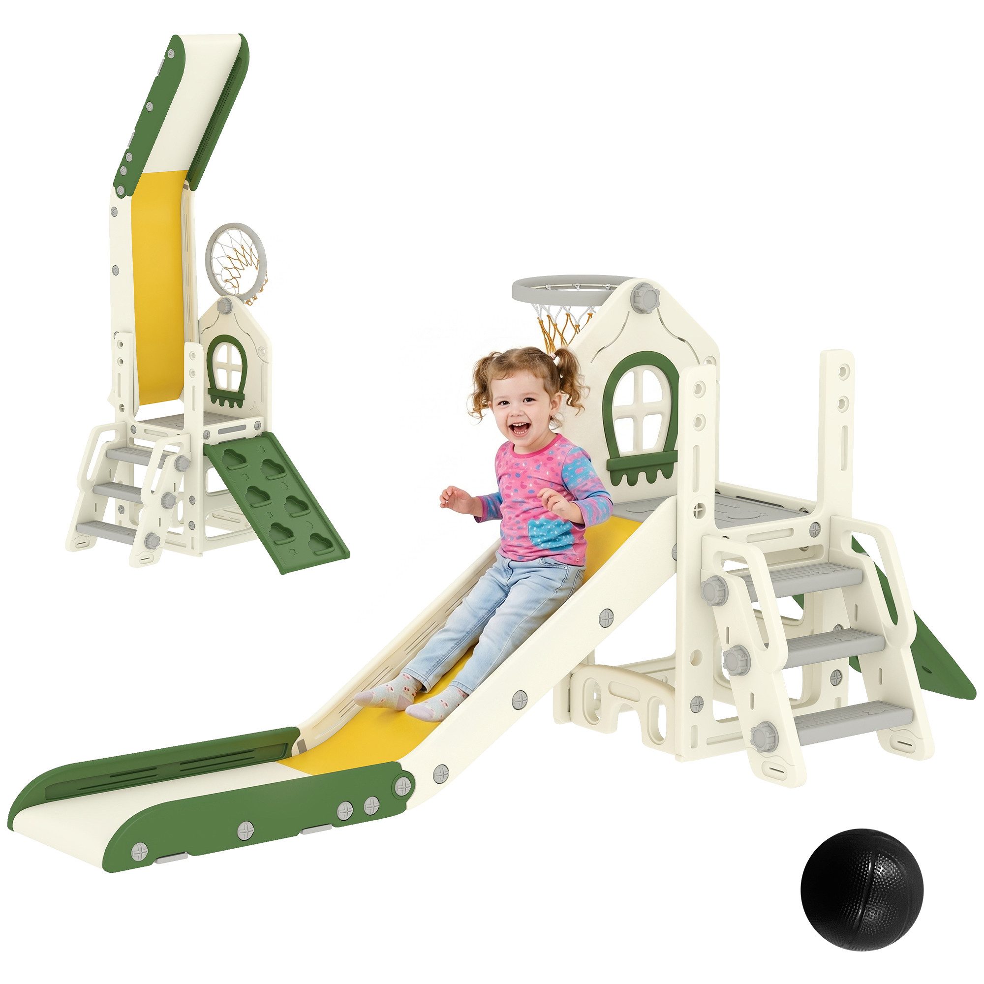 AIYAPLAY Rutsche Indoor-Spielset mit Kletterelement, (Set, 3-tlg., Rutsche mit Basketballkorb und Aufbewahrung), 5-in-1, faltbar, Kletterelement, Basketballkorb