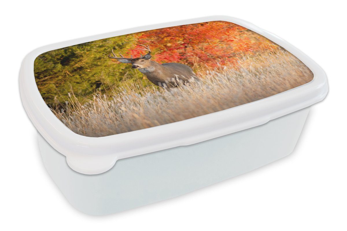 MuchoWow Lunchbox Hirsche - Geweihe - Wald, Kunststoff, (2-tlg), Brotbox für Kinder und Erwachsene, Brotdose, für Jungs und Mädchen weiß