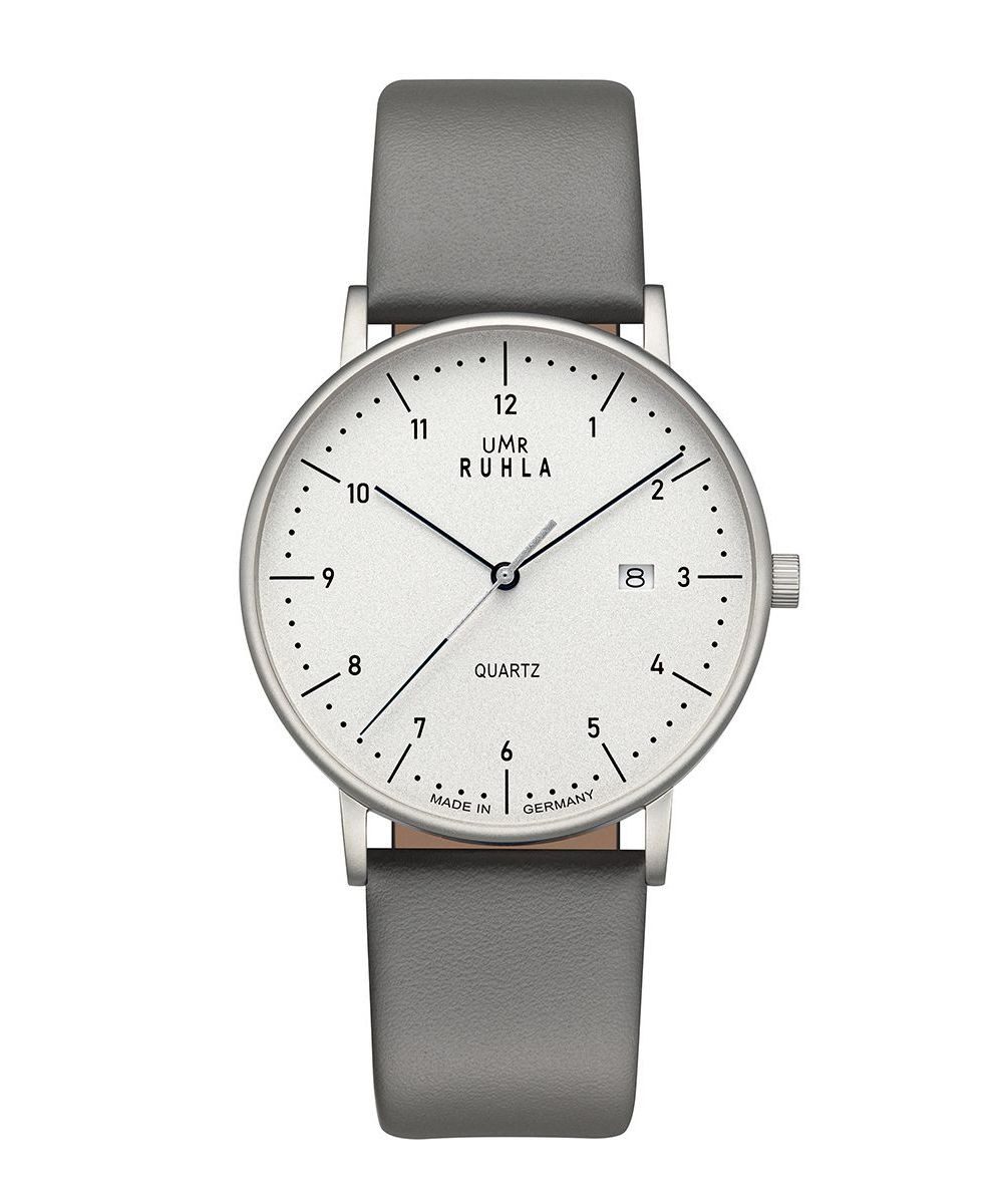 UMR Ruhla Quarzuhr Classic Herrenuhr, Weißes Zifferblatt, Graues Lederband, 30431-GR, 39 mm, Made in Germany