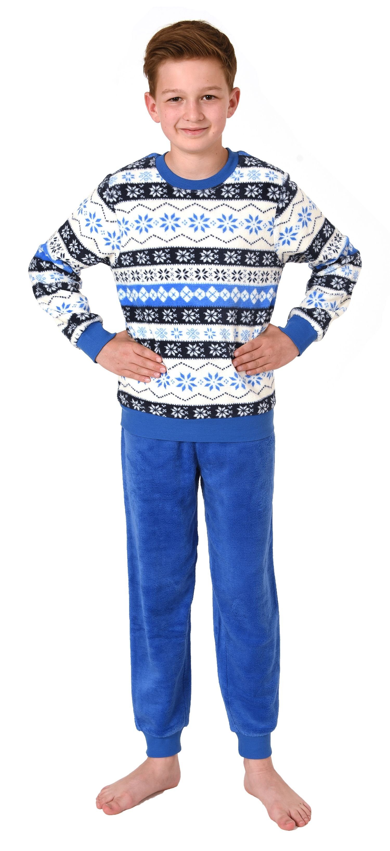 Für den Versandhandel im Ausland Normann Pyjama Bündchen mit Kinder langarm blau Norweger Coralfleece Schlafanzug aus Look