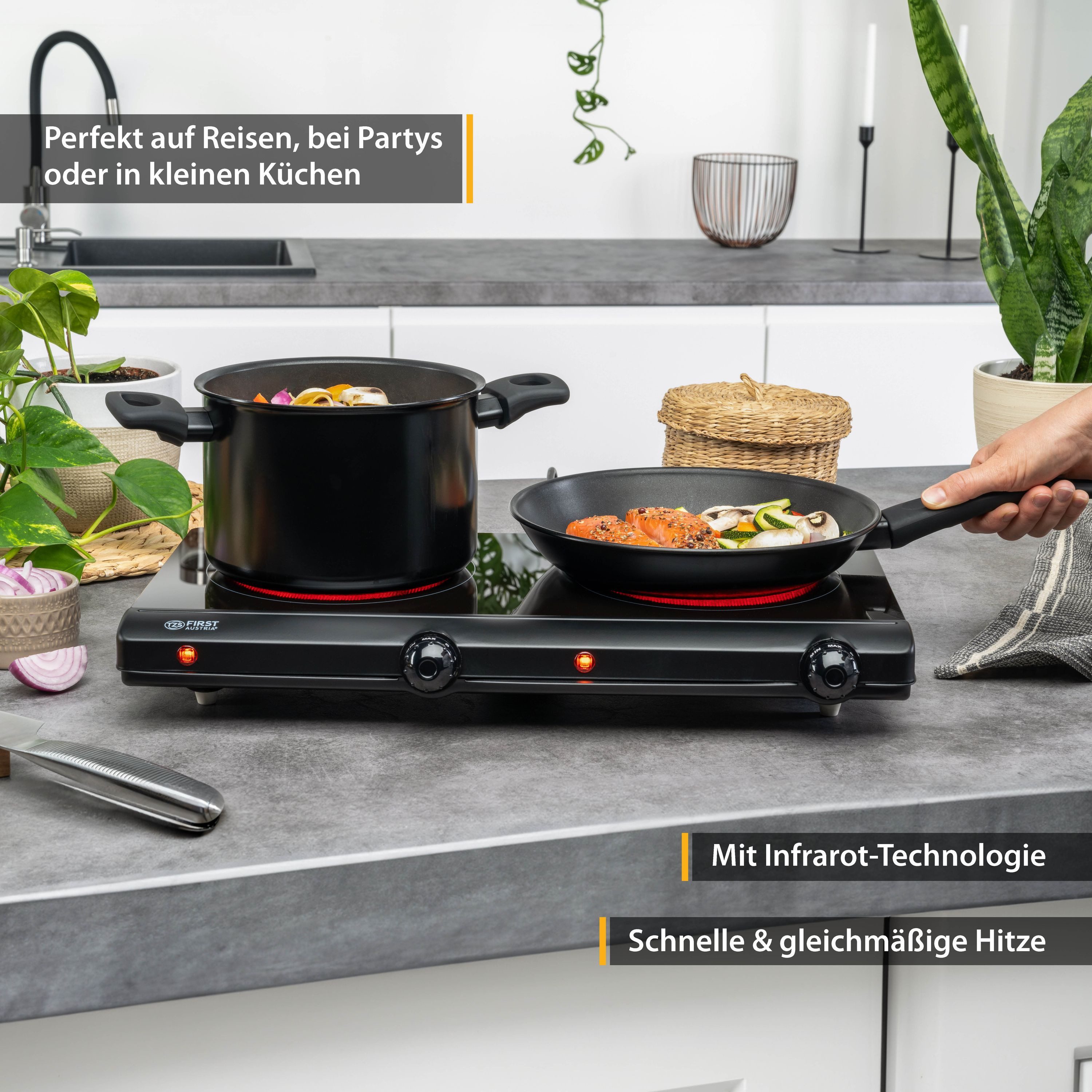TZS FIRST AUSTRIA Doppelkochplatte 2500W, Infrarot, einstellbare Thermostatsteuerung, Glaskeramik, 2x150 mm Kochzonen, Überhitzungsschutz, manuelle Bedienung – Bild 5 von 5