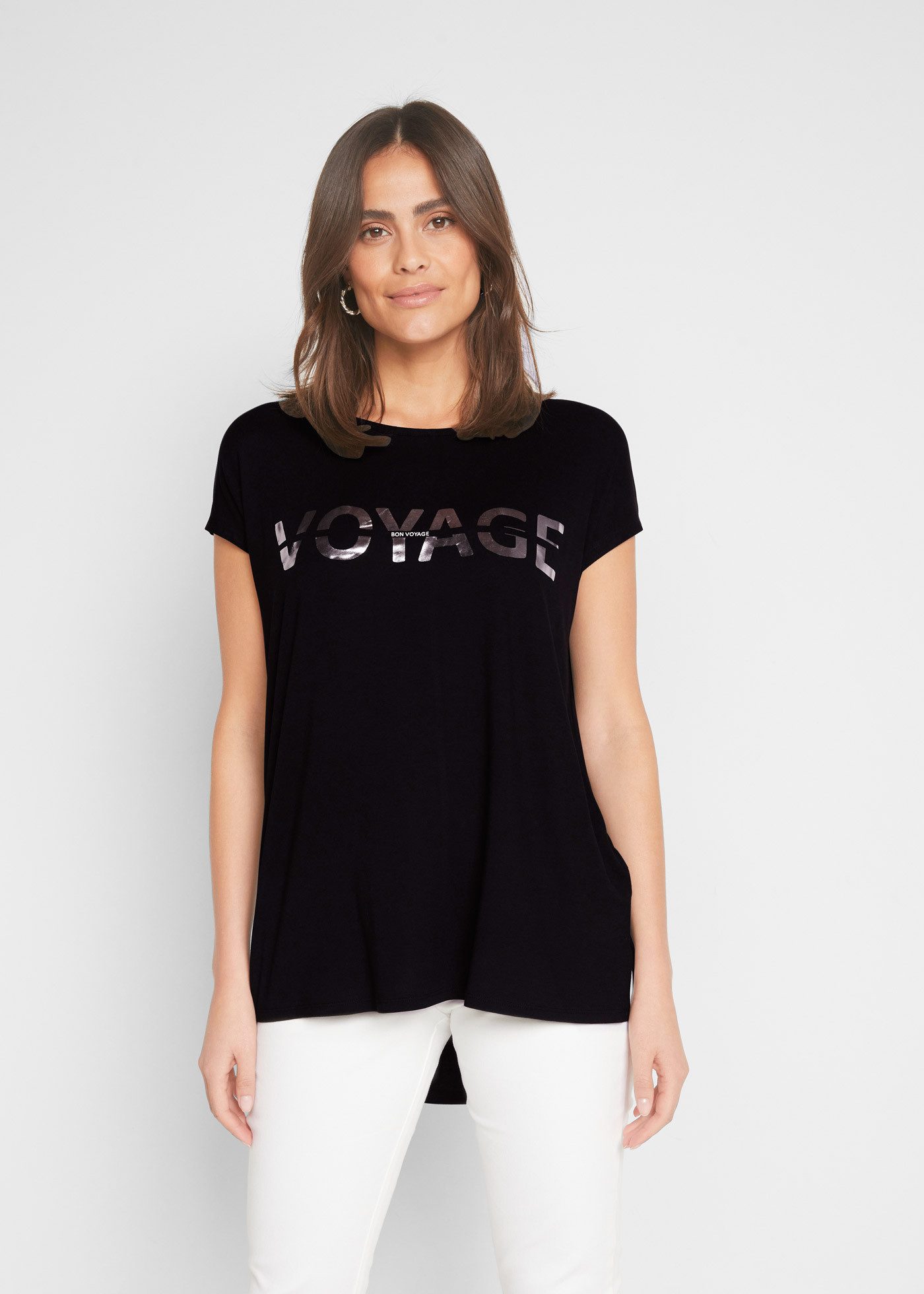 bonprix Longshirt hinten länger geschnitten, Kurzarm, mit Metallic-Druck günstig online kaufen