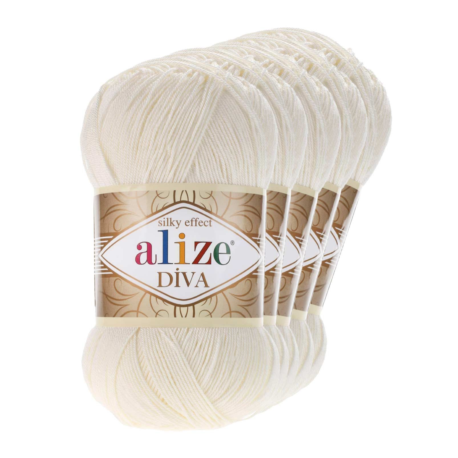 Alize 5 x 100g Strickgarn ALIZE DIVA - Häkelgarn Sommerwolle Häkelwolle, 350 m, 62 creme