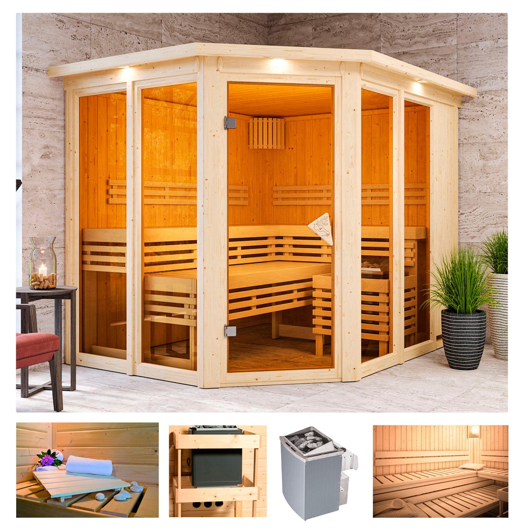 KARIBU Sauna »Aaina 3«, 245x210x202 cm, 9 kW Ofen mit int. Steuerung