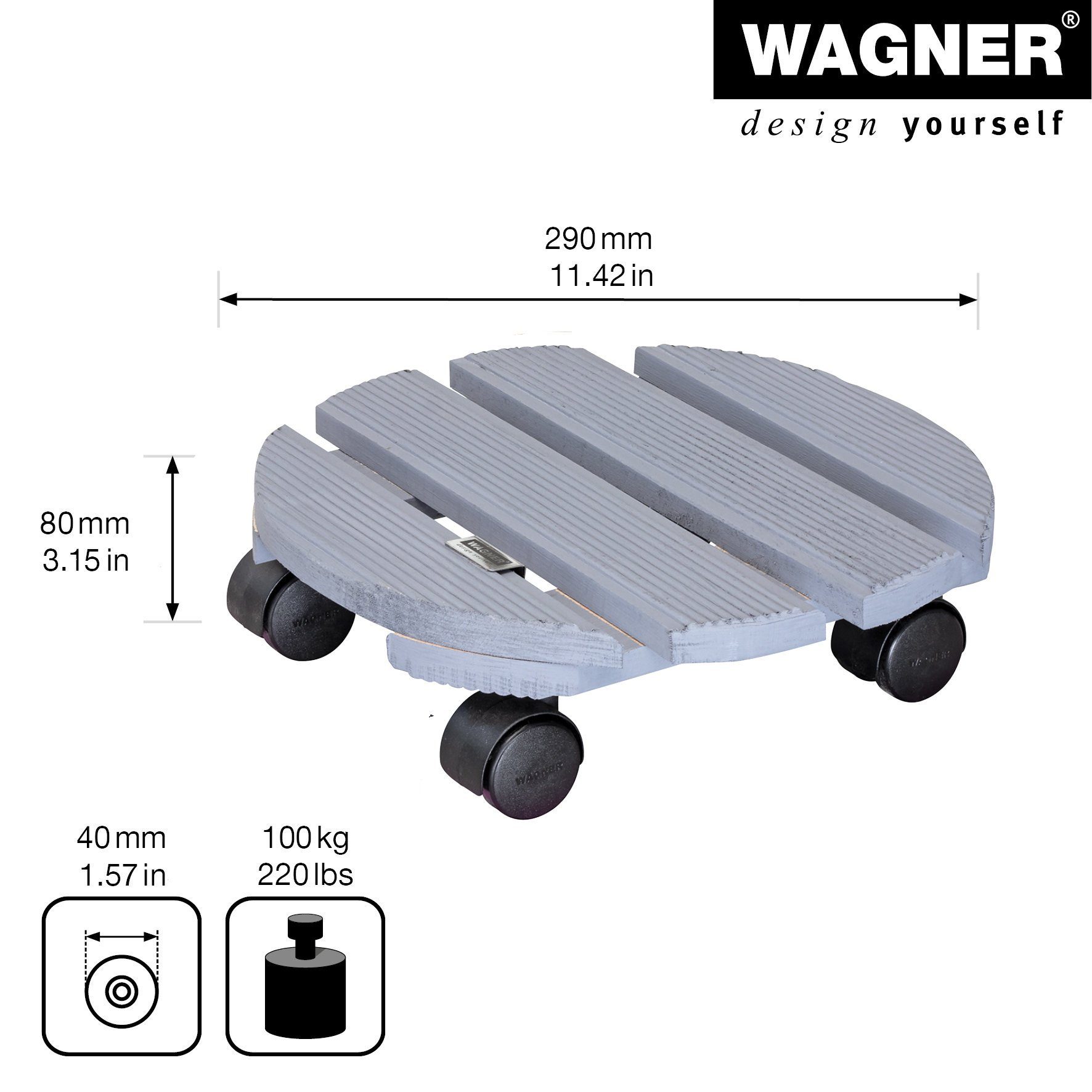WAGNER design yourself Pflanzenroller CREO rund, diverse Größen I für Außenbereich + Innenbereich I FSC®-Massivholz, grau, geriffelt I softe und harte Rollen mit und ohne Bremse I Tragkraft 100 + 200 kg - Made in EU