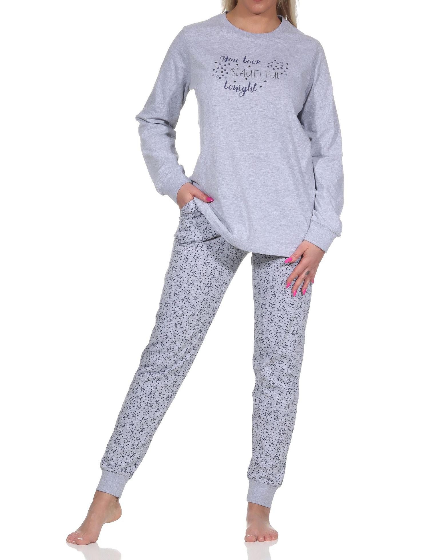 Pyjama Damen Schlafanzug langarm mit Bündchen in Sterne Optik