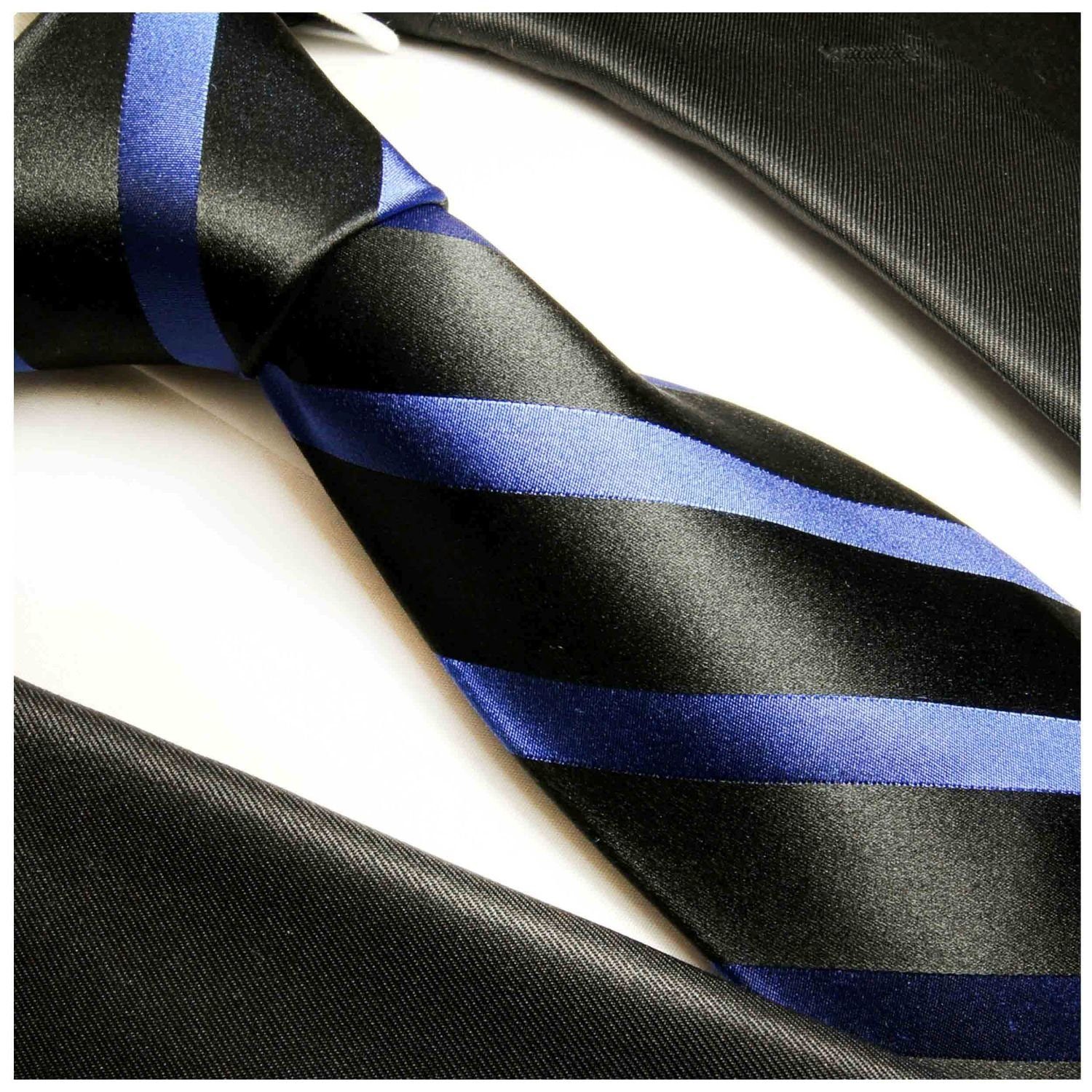 Malone 295 Breit mit schwarz Seidenkrawatte Paul Einstecktuch) blau (Set, (8cm), Seide 2-St., 100% modern Tuch gestreift Herren mit Krawatte Krawatte