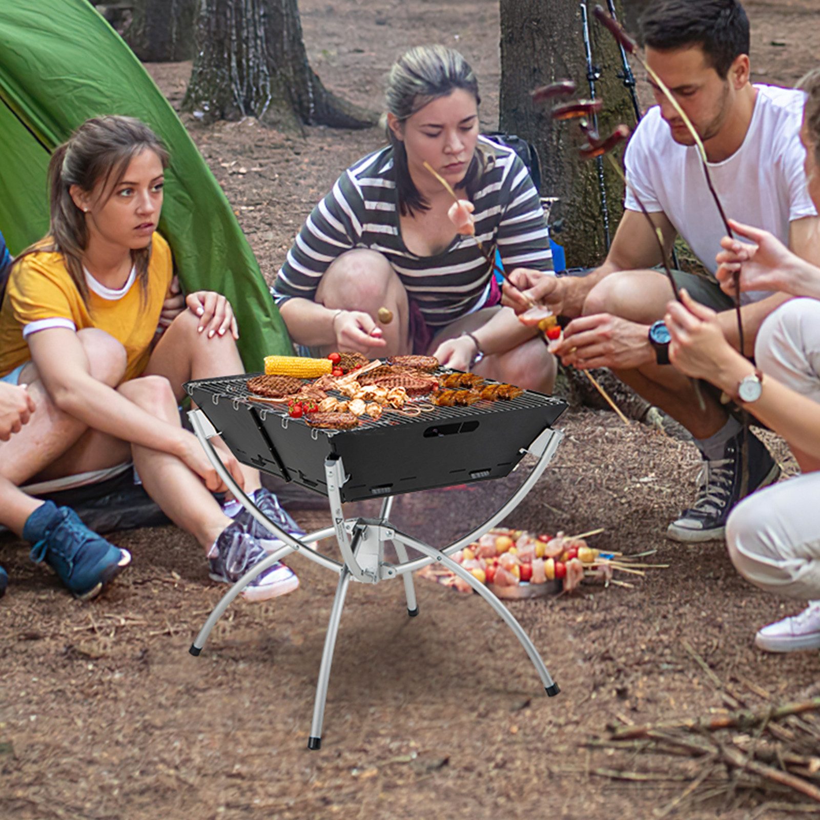 KOMFOTTEU Holzkohlegrill, 3 in 1 Feuerstelle Outdoor, mit Edelstahlgrill