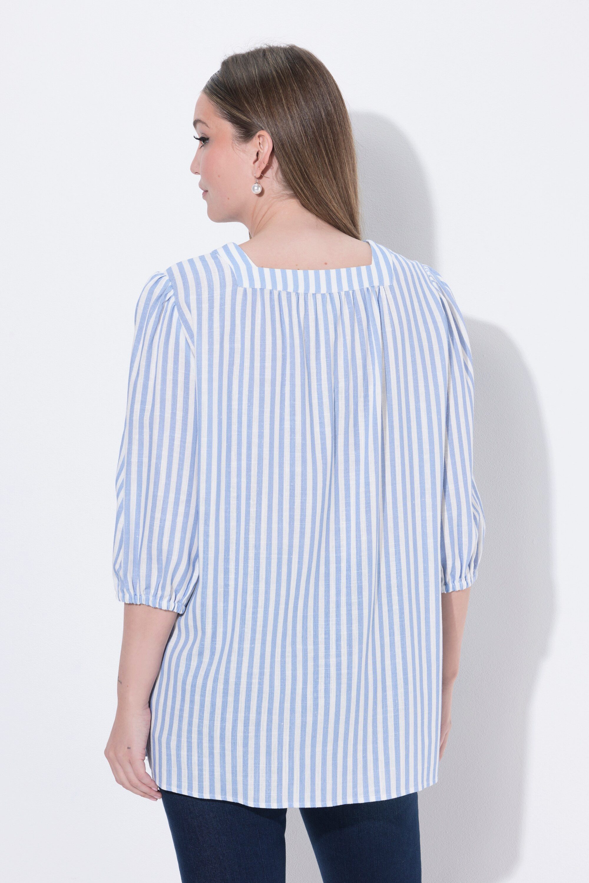 Ulla Popken Longbluse Bluse Streifen Carré-Ausschnitt 3/4-Arm Leinenmix